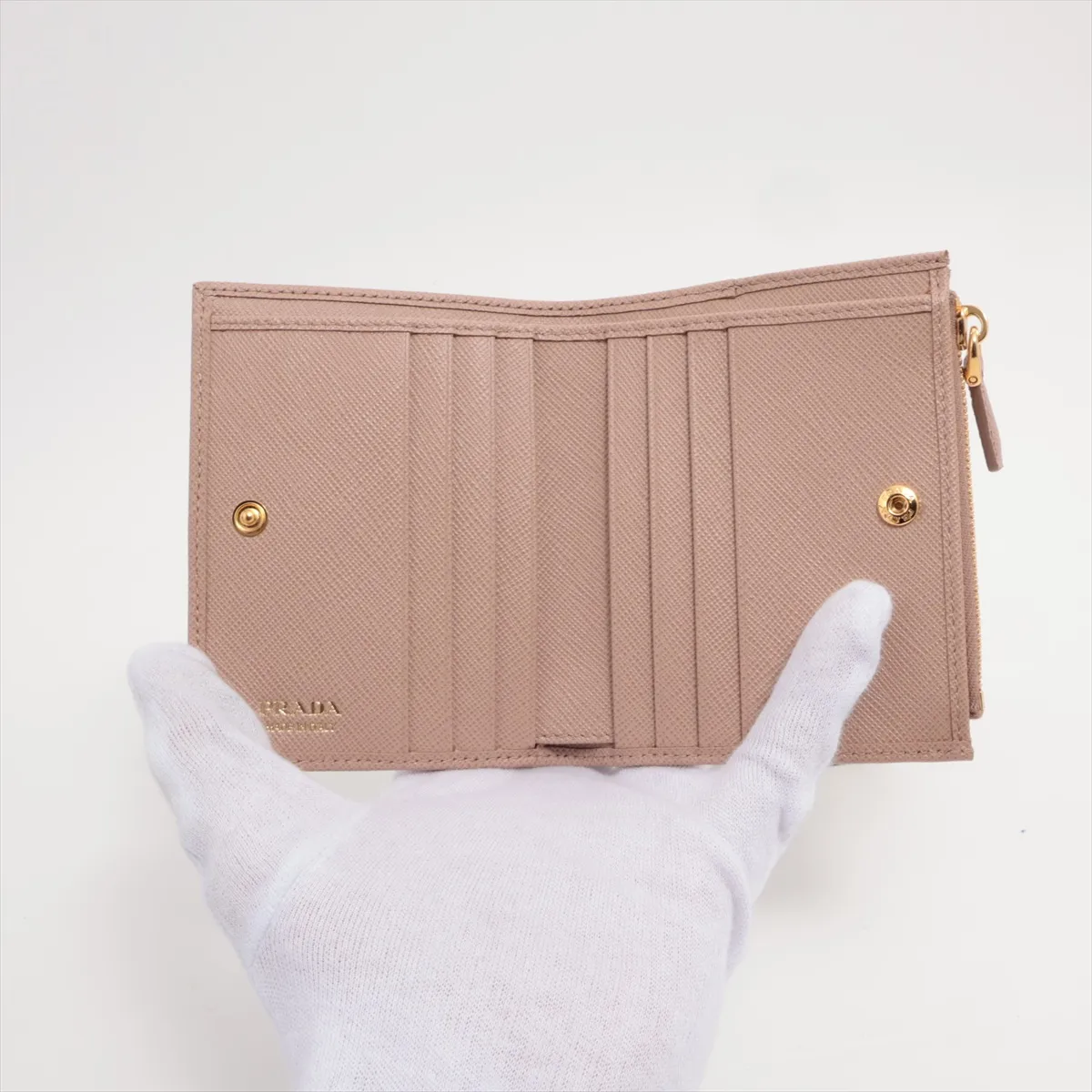 Saffiano Triangle 1ML050 Leather Compact Wallet Beige — view 3