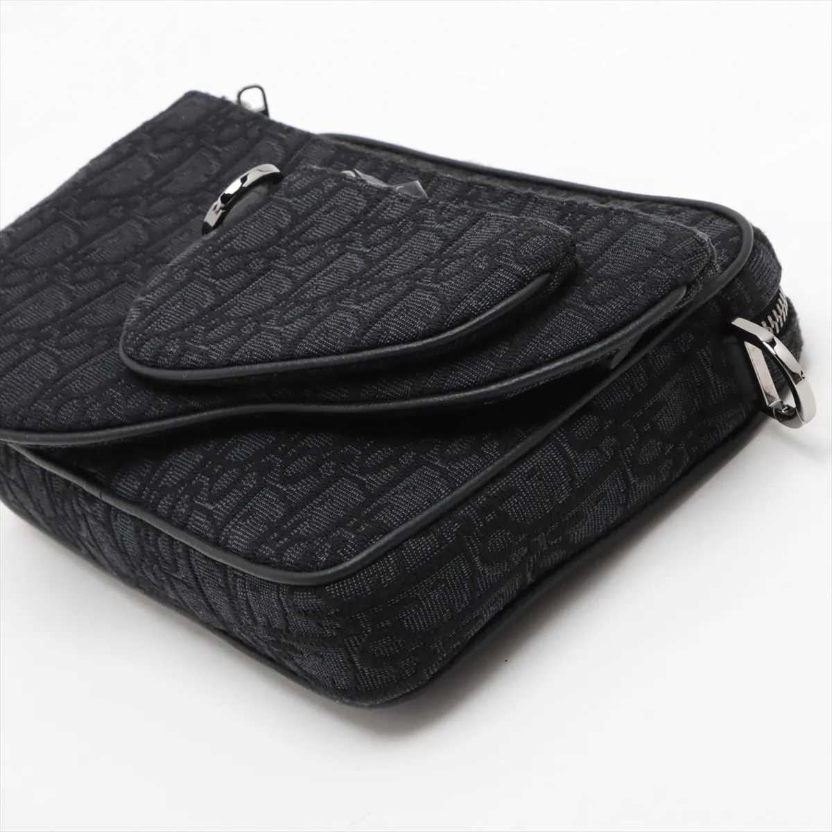 Oblique Saddle Canvas x Leather Shoulder Bag Navy — view 5