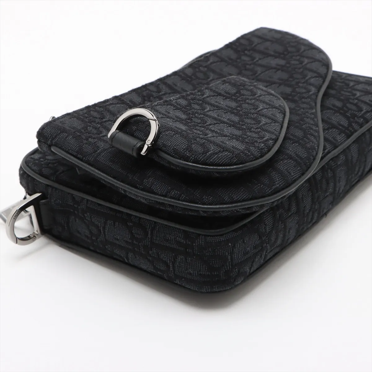 Oblique Saddle Canvas x Leather Shoulder Bag Navy — view 6