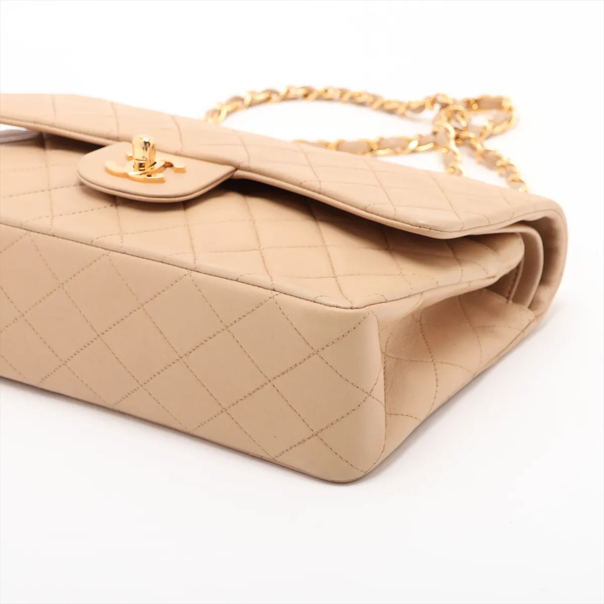 Matelassé 25 Lambskin Double Flap Double Chain Bag, Beige, Gold Hardware, A01112 — view 3