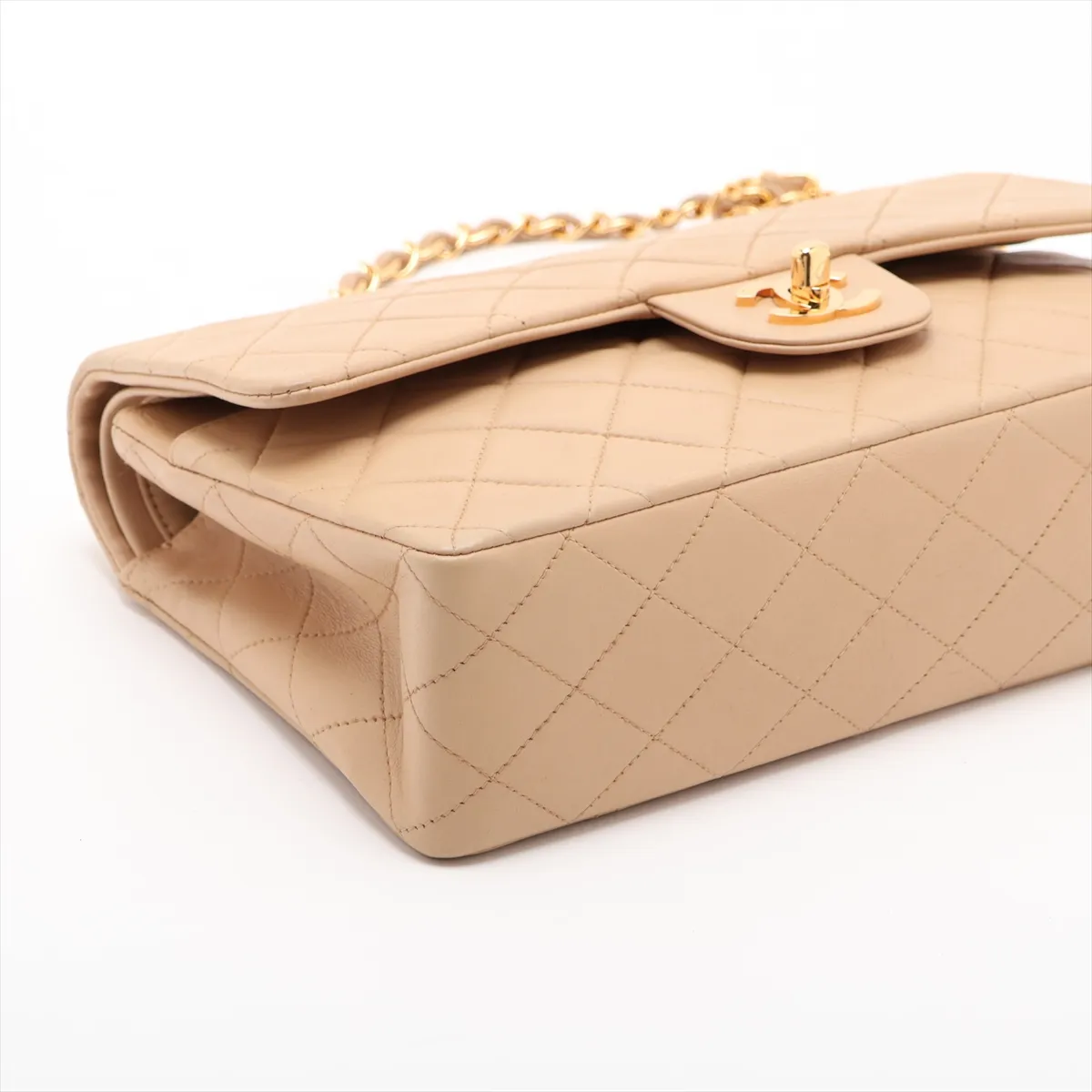 Matelassé 25 Lambskin Double Flap Double Chain Bag, Beige, Gold Hardware, A01112 — view 4