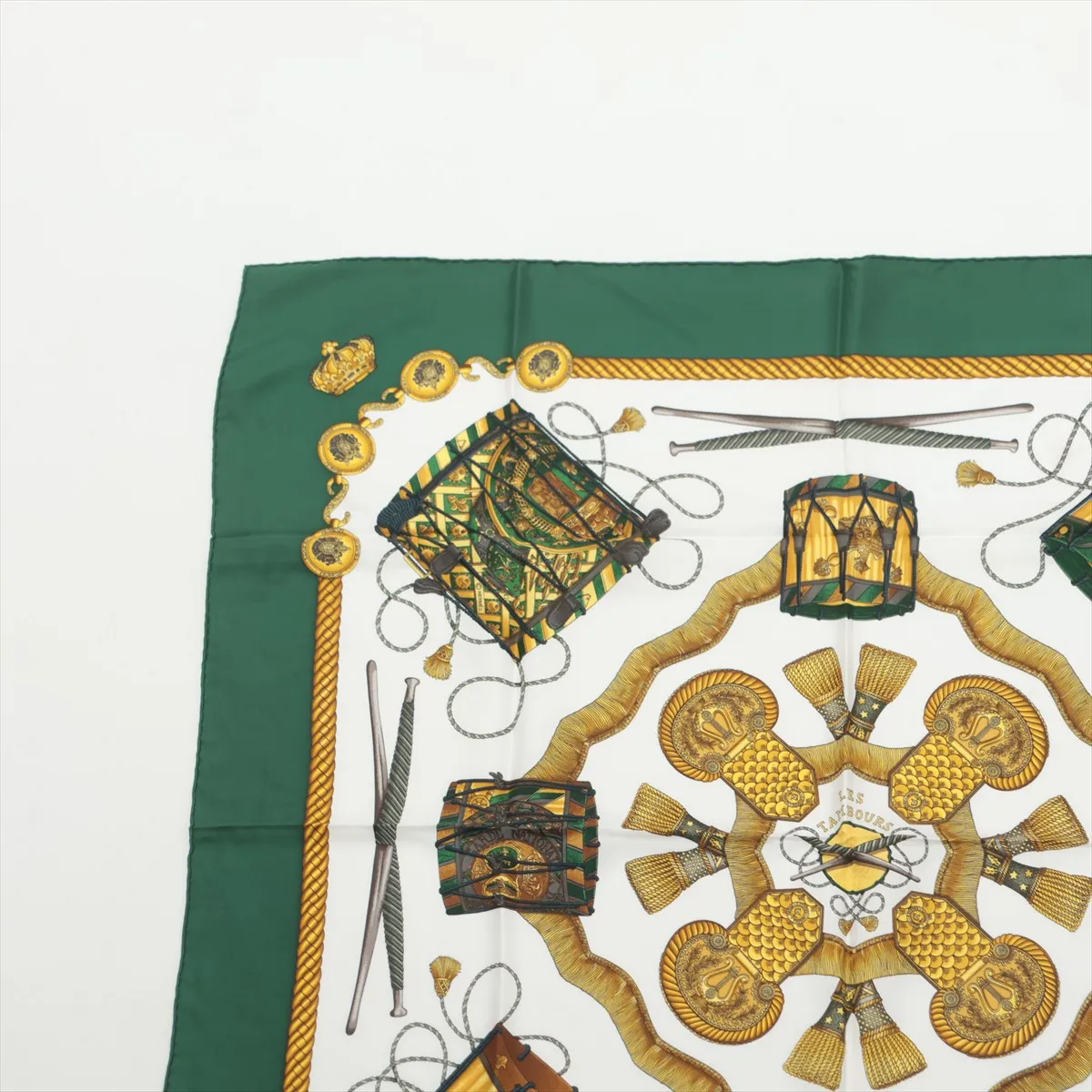 Carre 90 LES TAMBOURS Drum Scarf, Silk, Green, with wear, — view 2