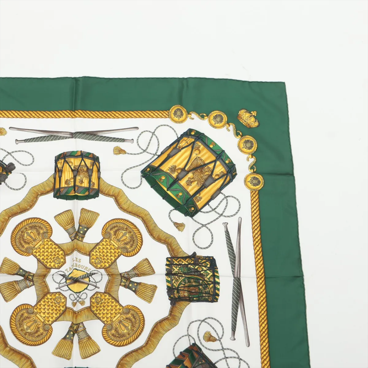 Carre 90 LES TAMBOURS Drum Scarf, Silk, Green, with wear, — view 3