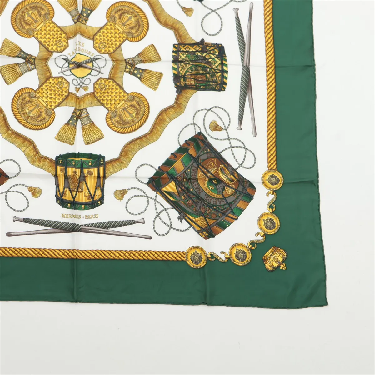 Carre 90 LES TAMBOURS Drum Scarf, Silk, Green, with wear, — view 4