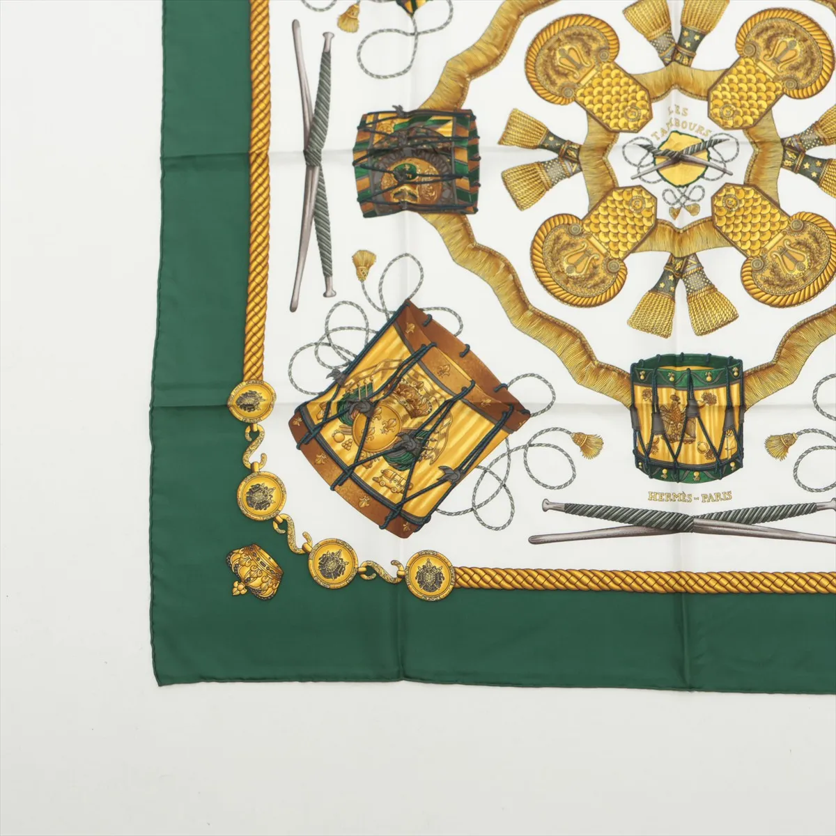 Carre 90 LES TAMBOURS Drum Scarf, Silk, Green, with wear, — view 5