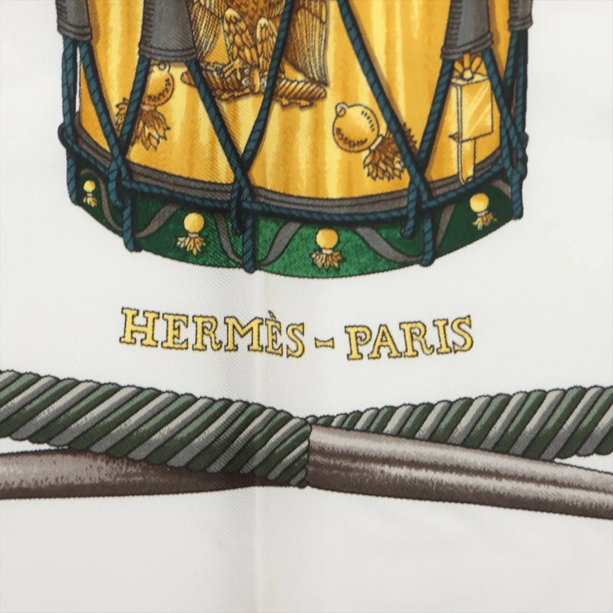 Carre 90 LES TAMBOURS Drum Scarf, Silk, Green, with wear, — view 6