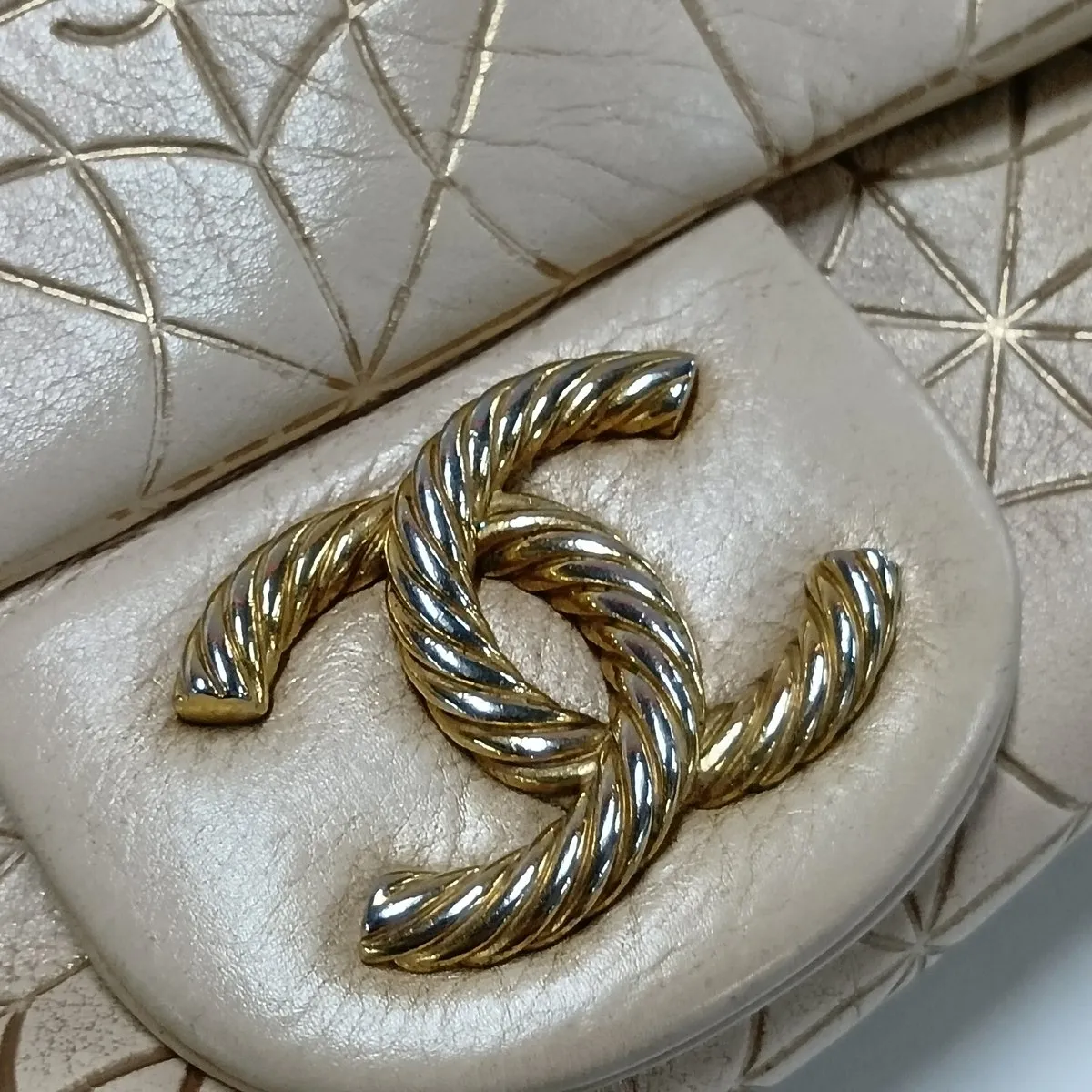 Coco Mark Lambskin Single Flap Double Chain Bag, Beige, Gold Hardware, Series 12 — view 11