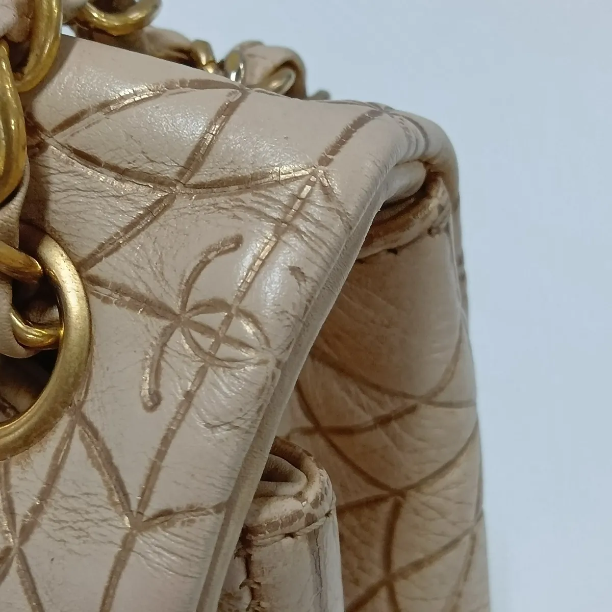 Coco Mark Lambskin Single Flap Double Chain Bag, Beige, Gold Hardware, Series 12 — view 10