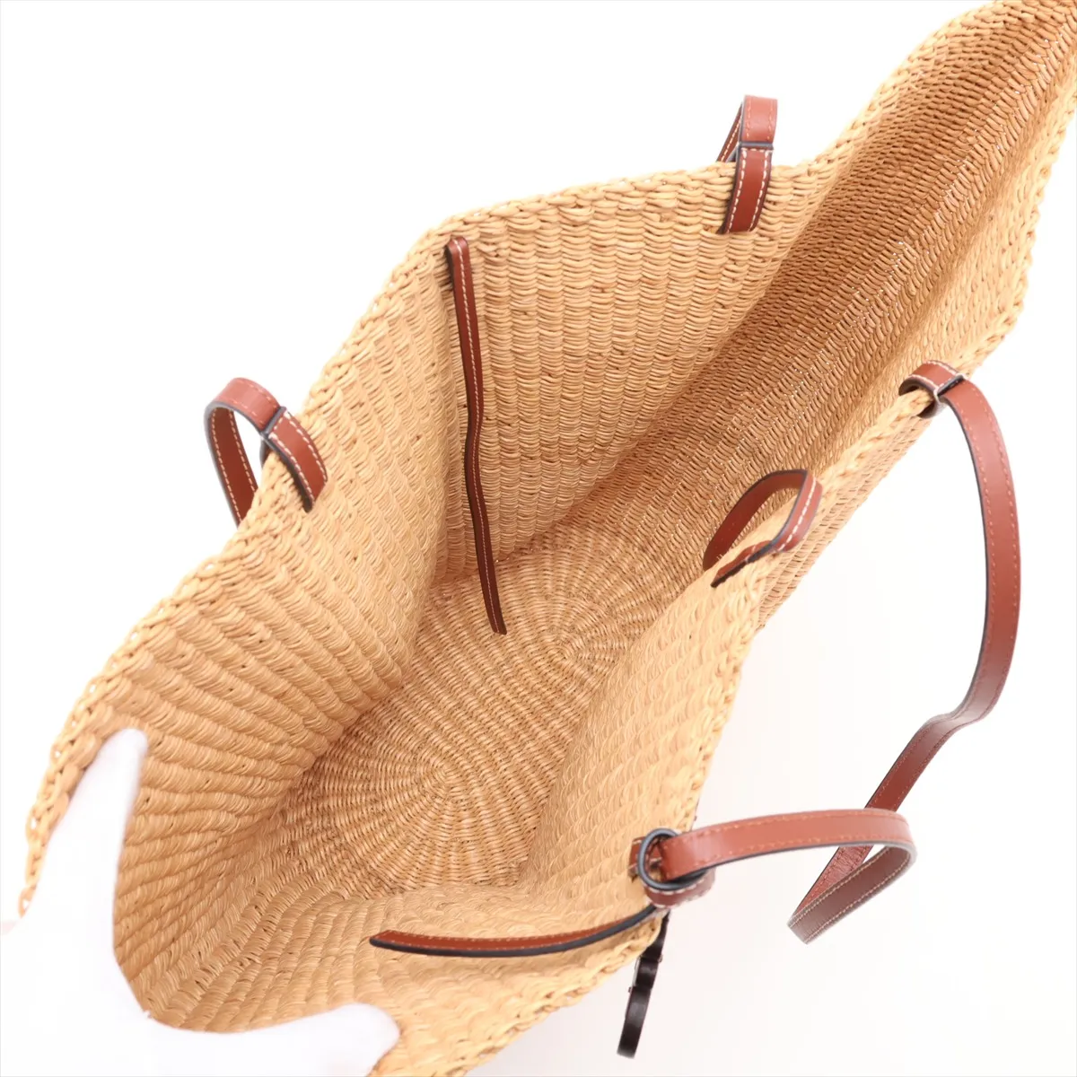 Anagram Shell Basket Medium Raffia x Leather Tote Bag, Beige — view 7