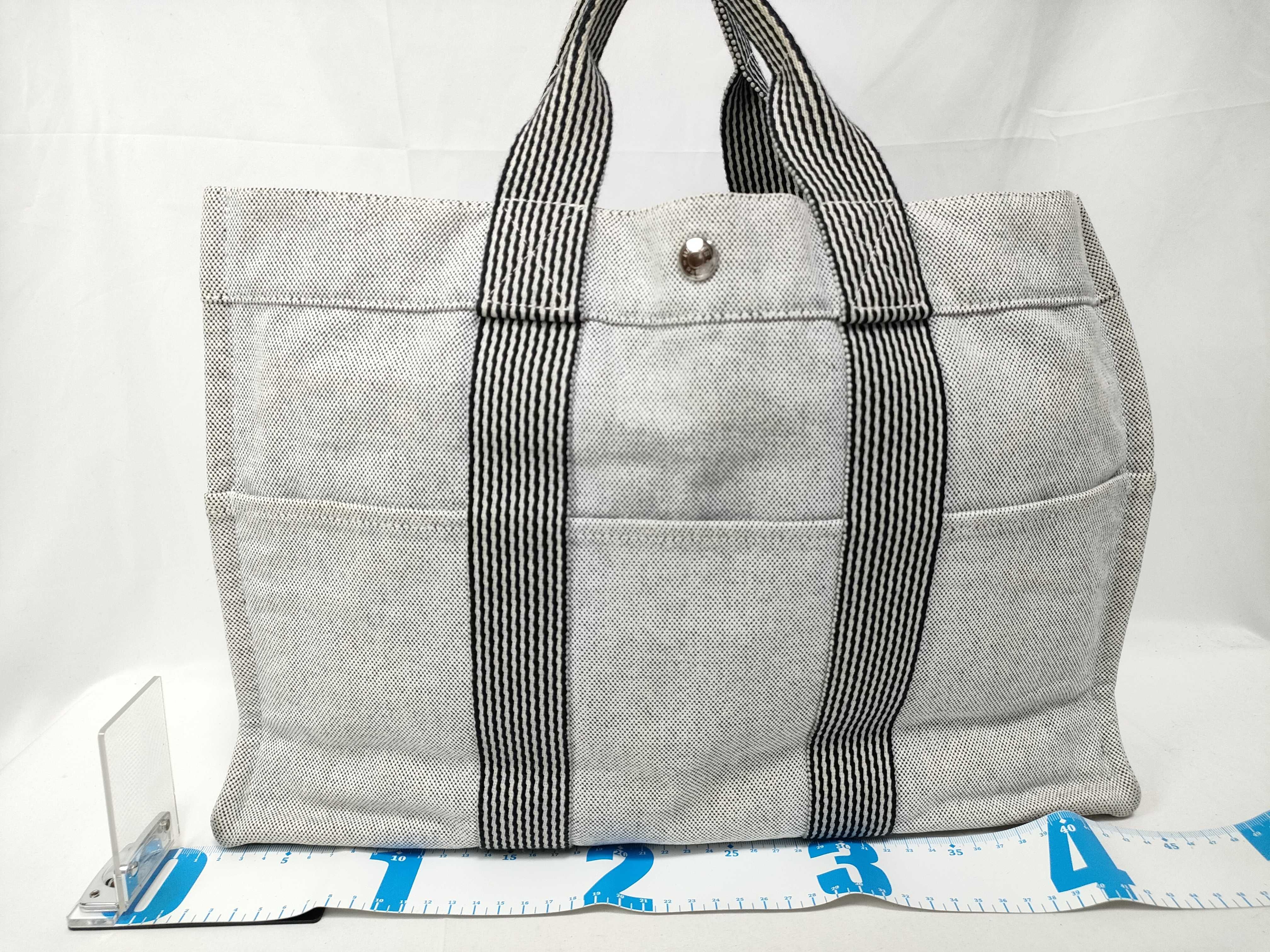 Herline MM Canvas Tote Bag, Gray, Silver Hardware, Some Stains — view 2