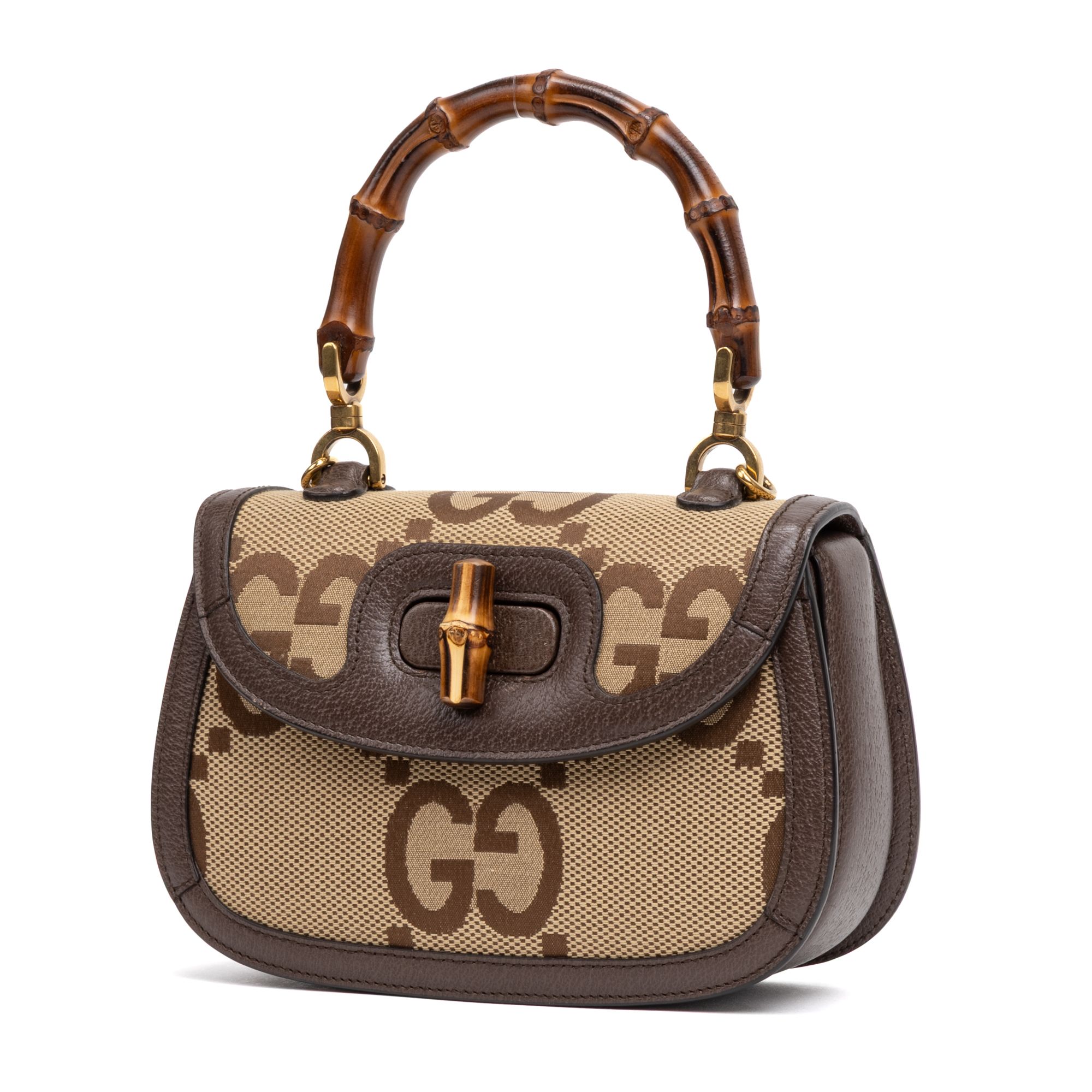 Small Bamboo Top Handle  Beige/Dark Brown  Jumbo GG Gold — view 2