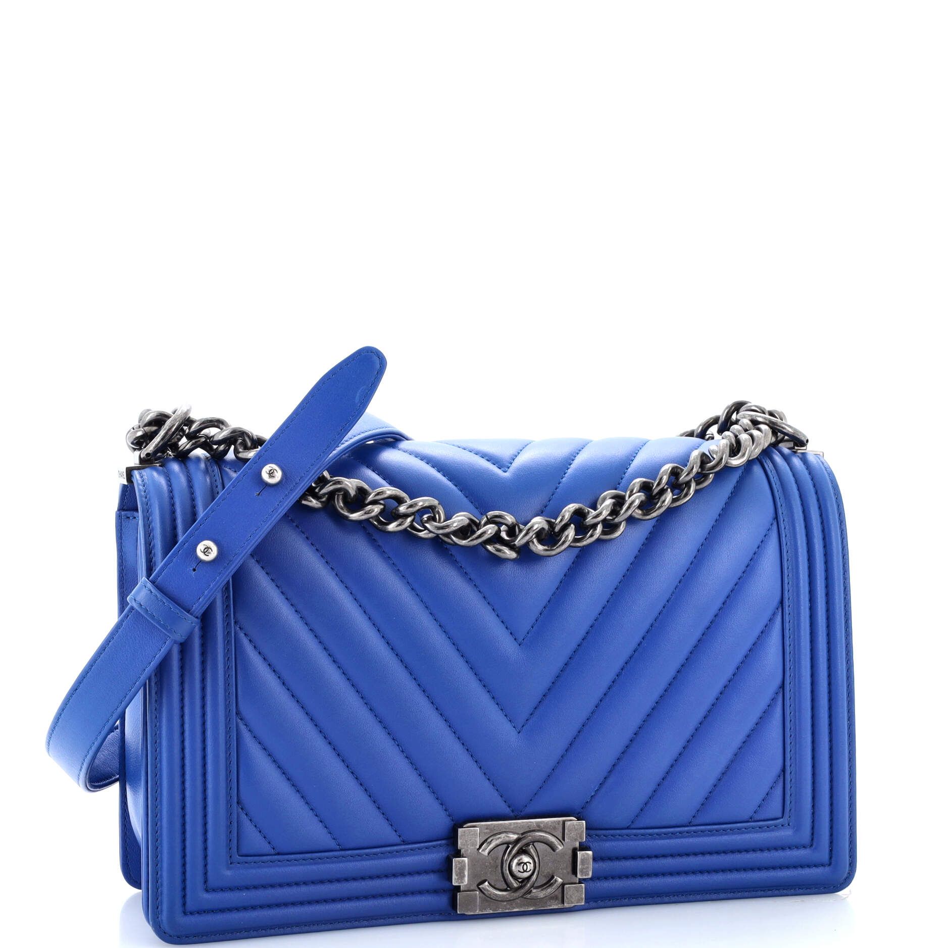 Boy New Medium Blue Calfskin Chevron Quilted Leather Aged Silver — view 2