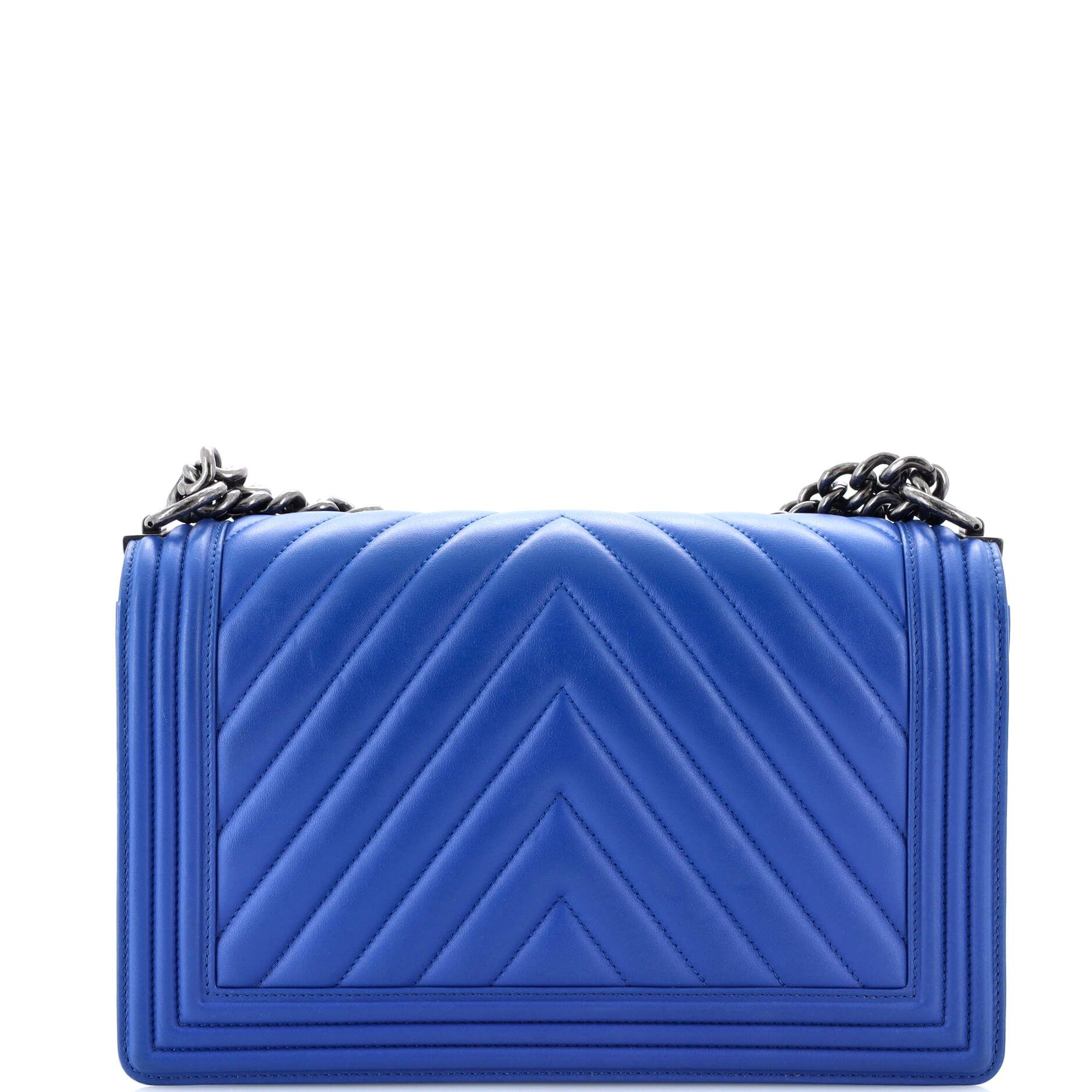 Boy New Medium Blue Calfskin Chevron Quilted Leather Aged Silver — view 3