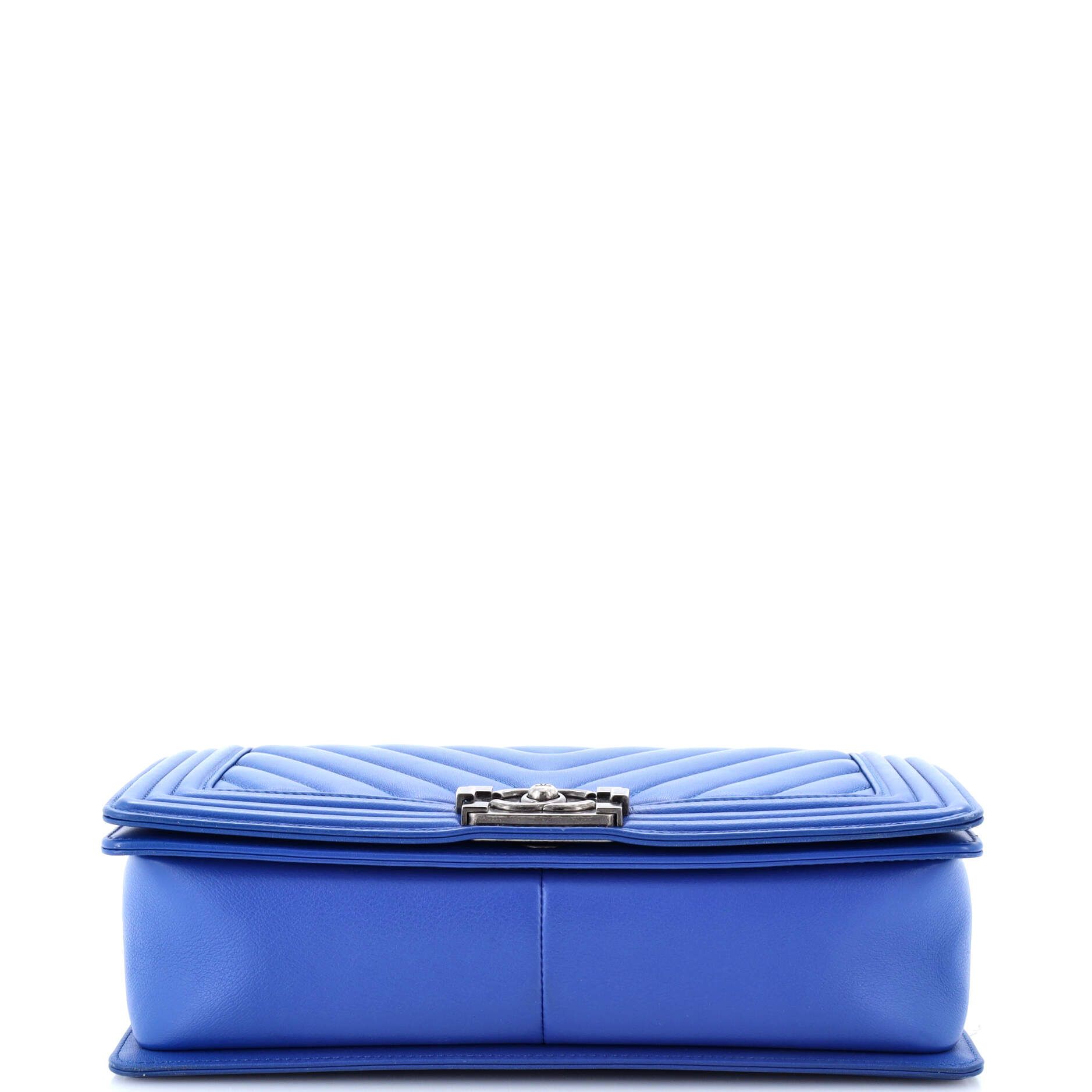 Boy New Medium Blue Calfskin Chevron Quilted Leather Aged Silver — view 4