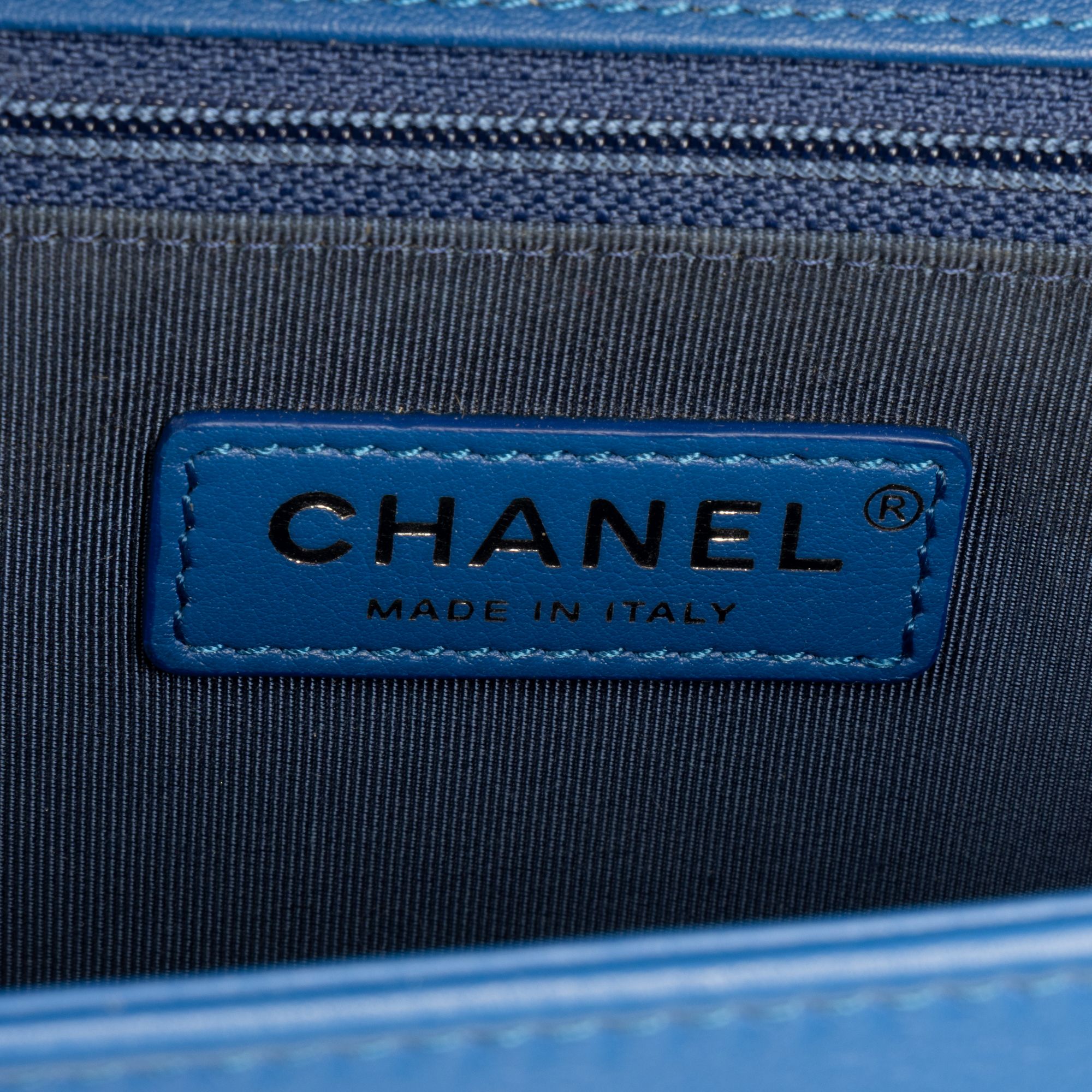 Boy New Medium Blue Calfskin Chevron Quilted Leather Aged Silver — view 6