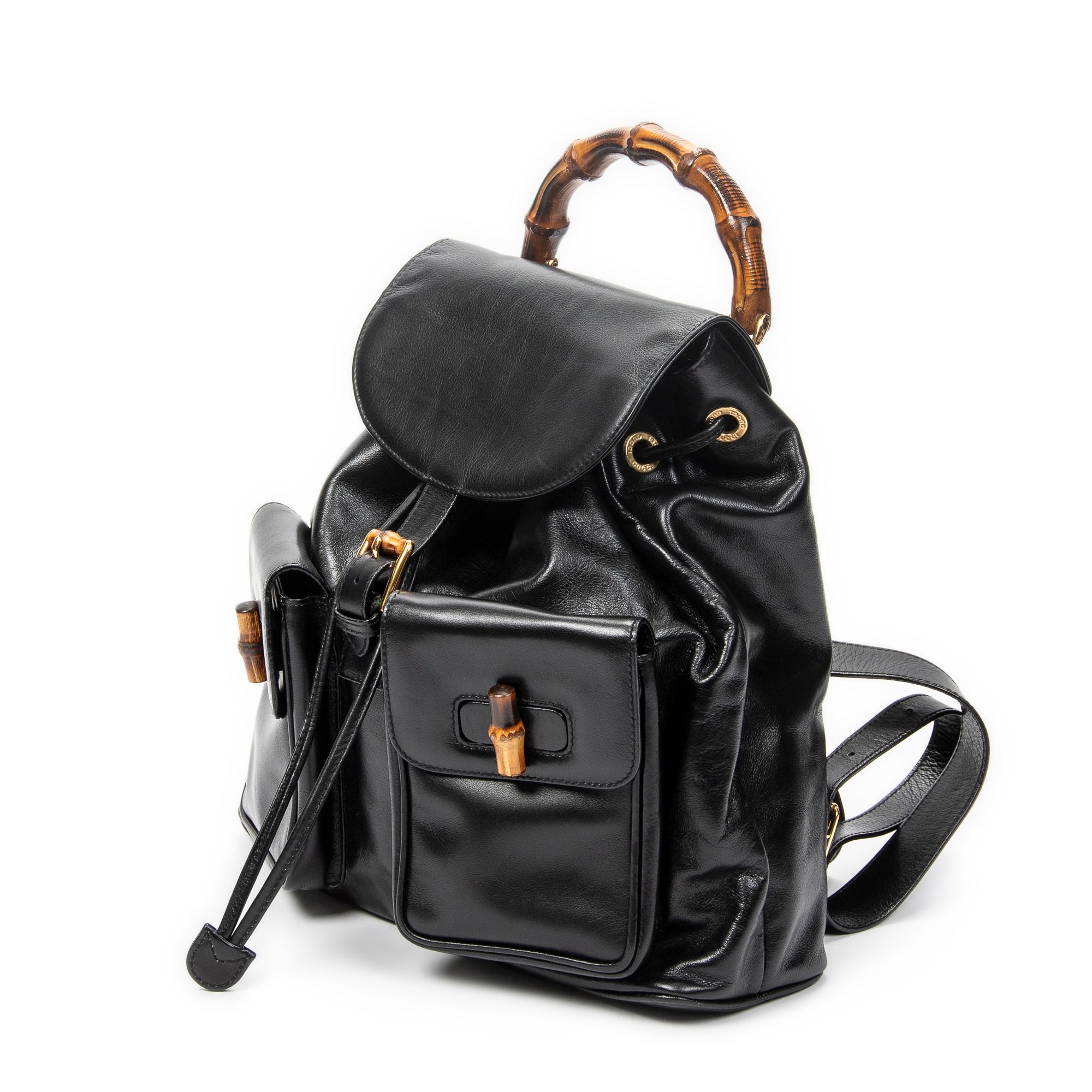 Large Bamboo Backpack Black Calfskin Leather Gold — view 2