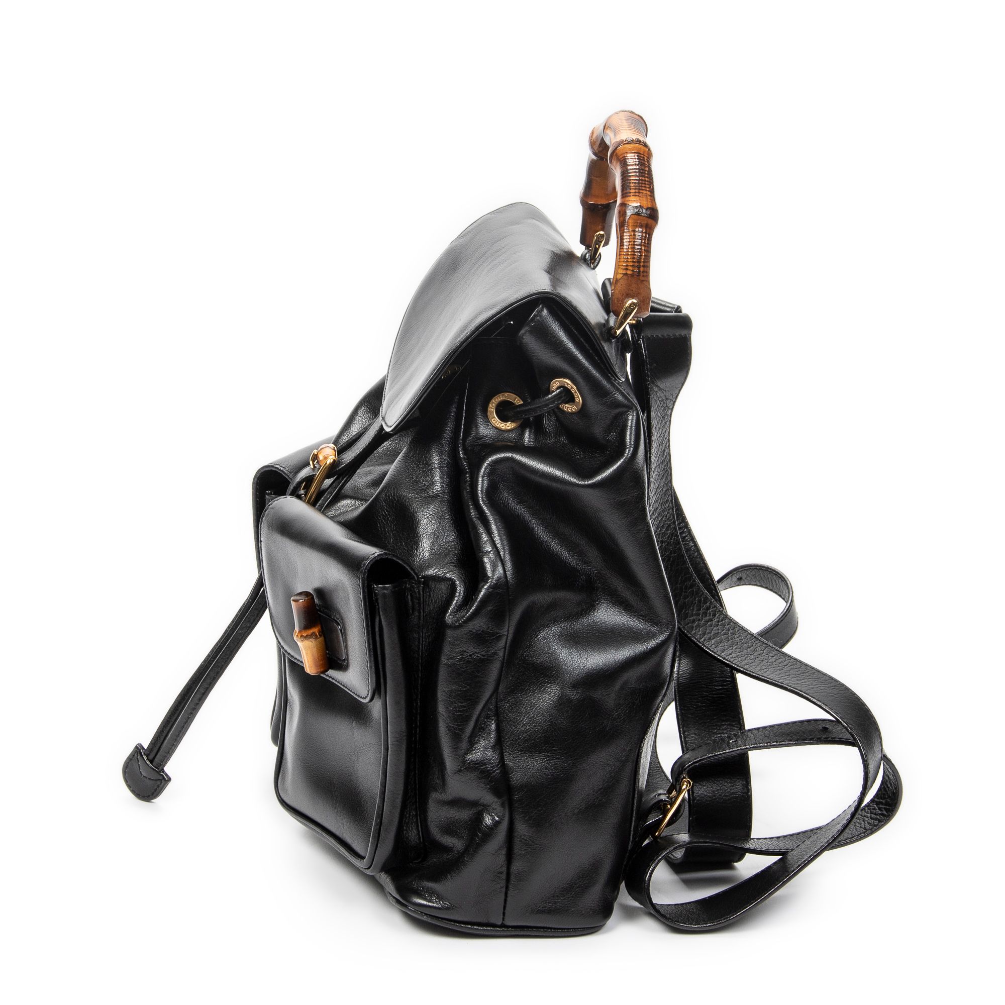 Large Bamboo Backpack Black Calfskin Leather Gold — view 3