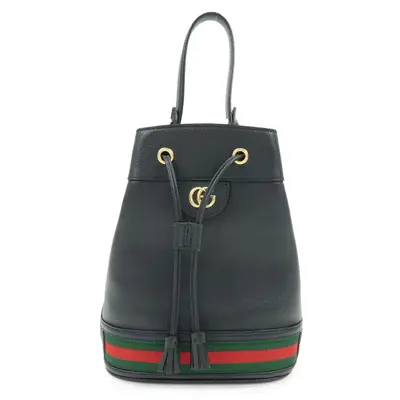 Glazed Textured Calfskin Web Small Ophidia Bucket Bag Black