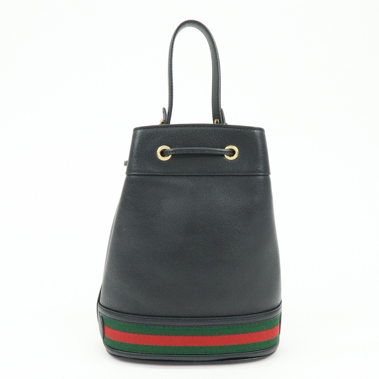 Glazed Textured Calfskin Web Small Ophidia Bucket Bag Black — view 2