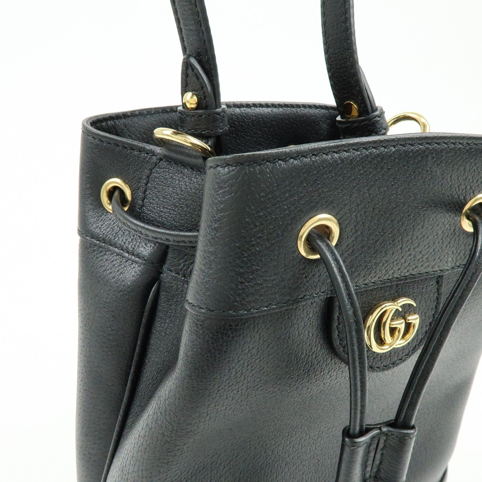 Glazed Textured Calfskin Web Small Ophidia Bucket Bag Black — view 12