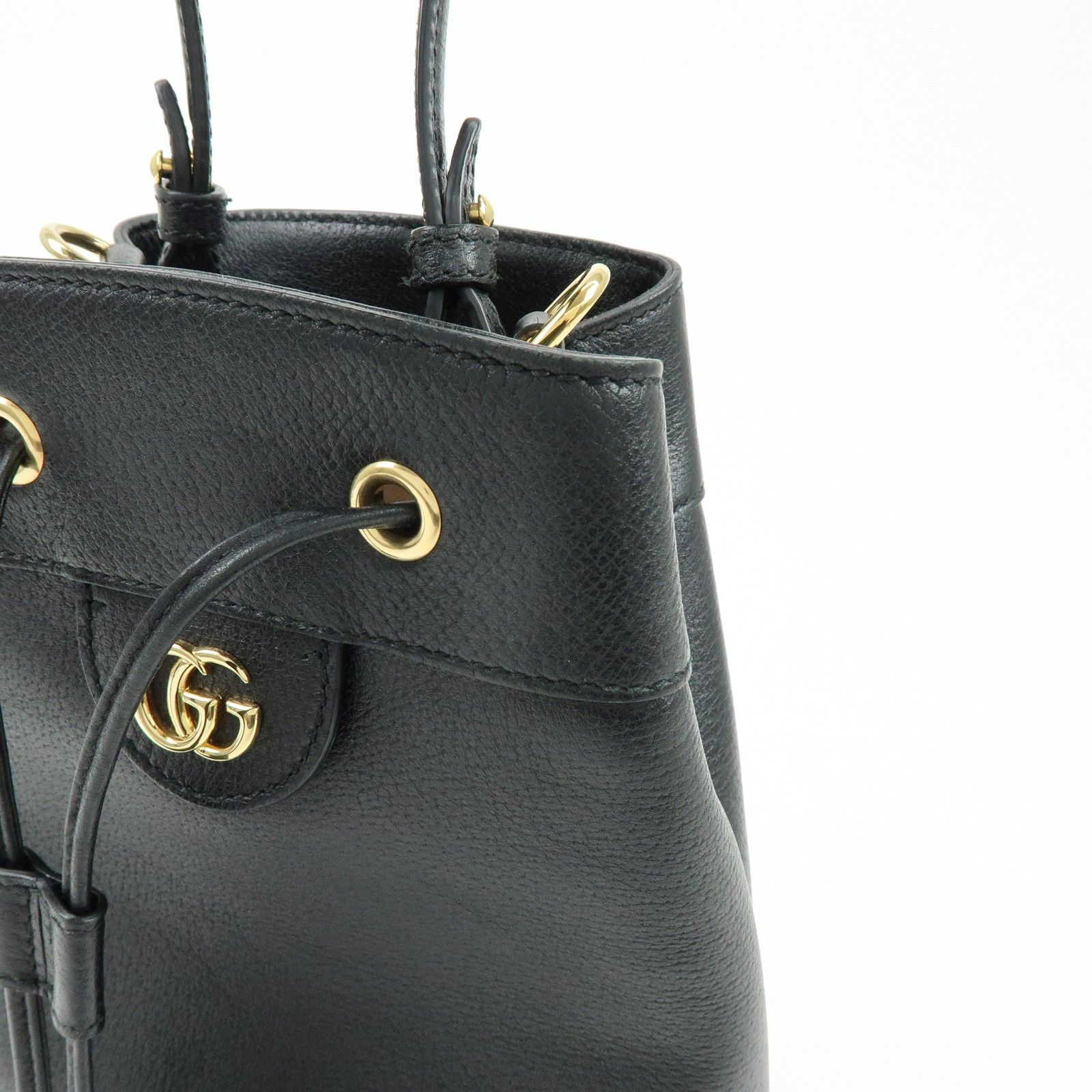 Glazed Textured Calfskin Web Small Ophidia Bucket Bag Black — view 13