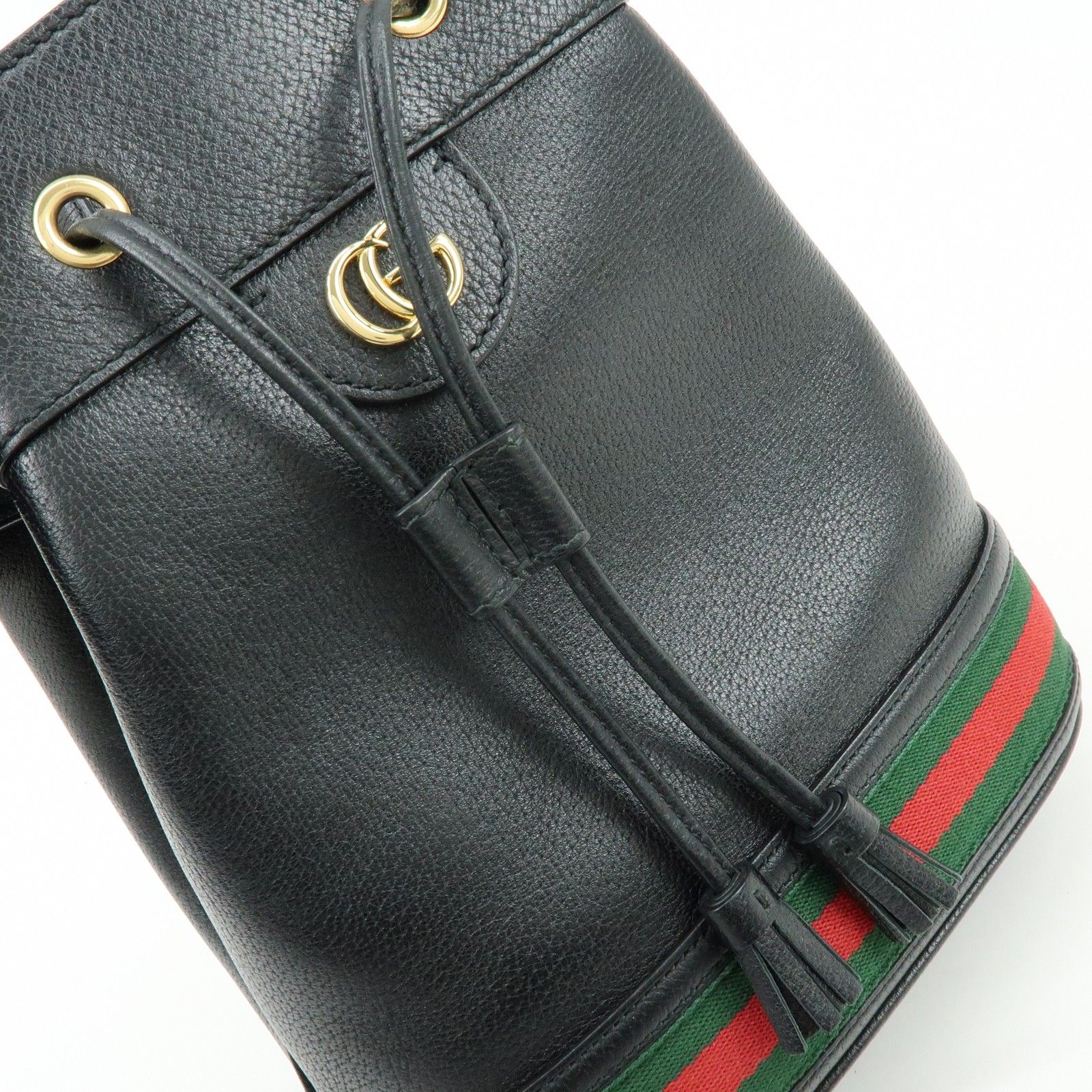 Glazed Textured Calfskin Web Small Ophidia Bucket Bag Black — view 15