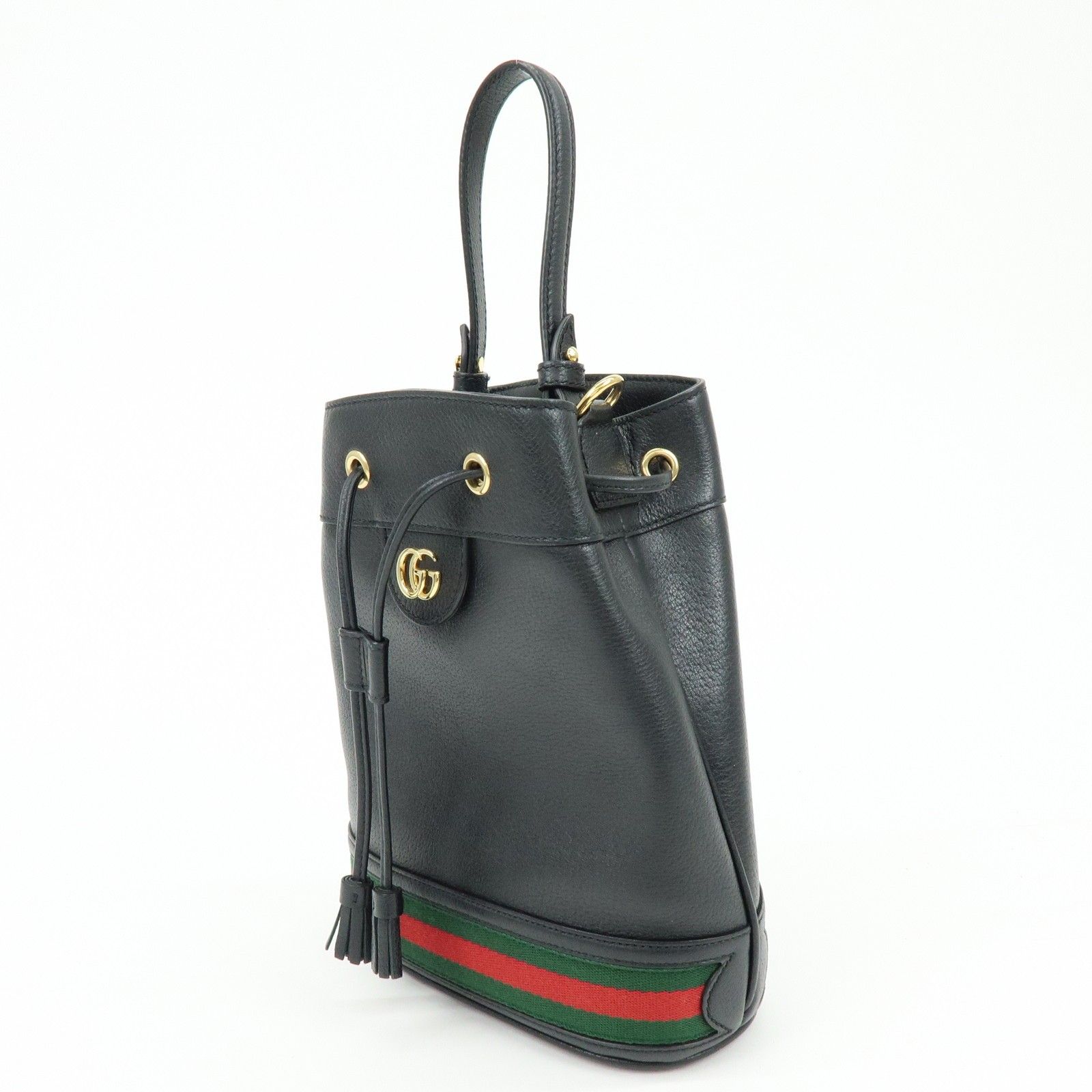 Glazed Textured Calfskin Web Small Ophidia Bucket Bag Black — view 3
