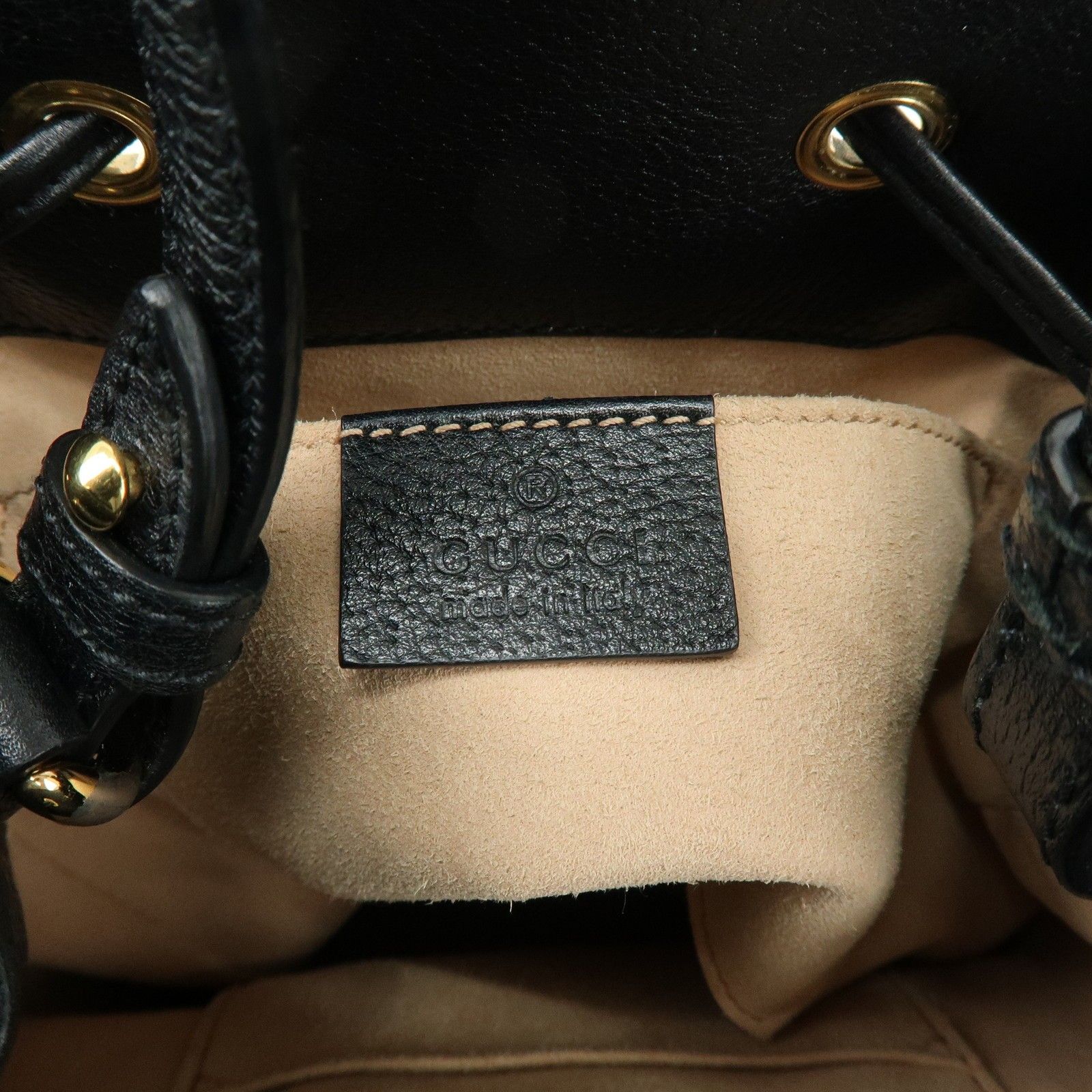 Glazed Textured Calfskin Web Small Ophidia Bucket Bag Black — view 22