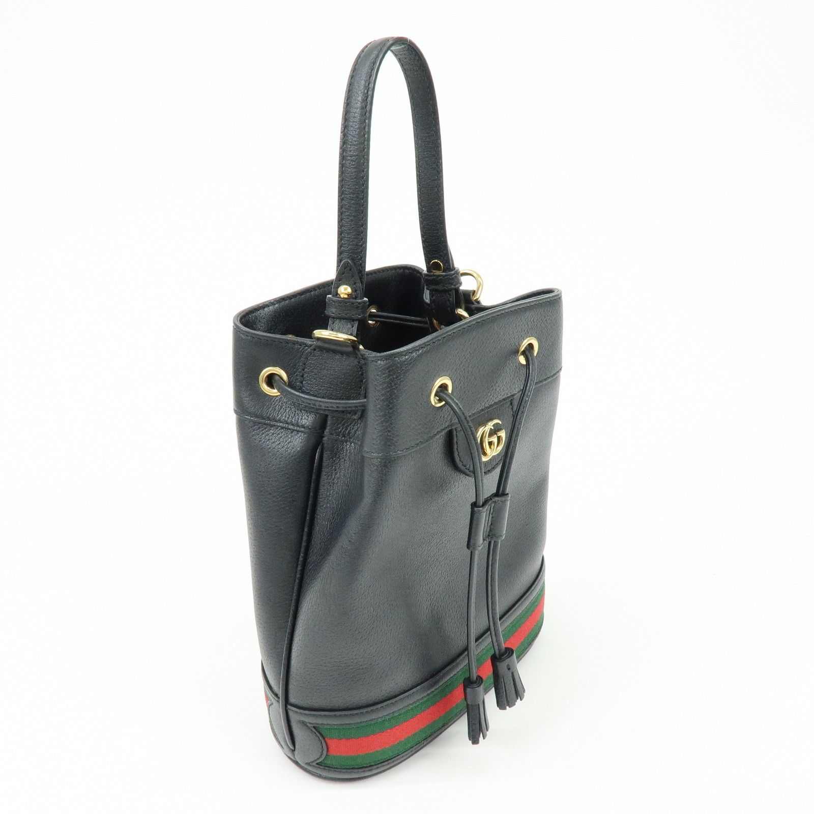 Glazed Textured Calfskin Web Small Ophidia Bucket Bag Black — view 4