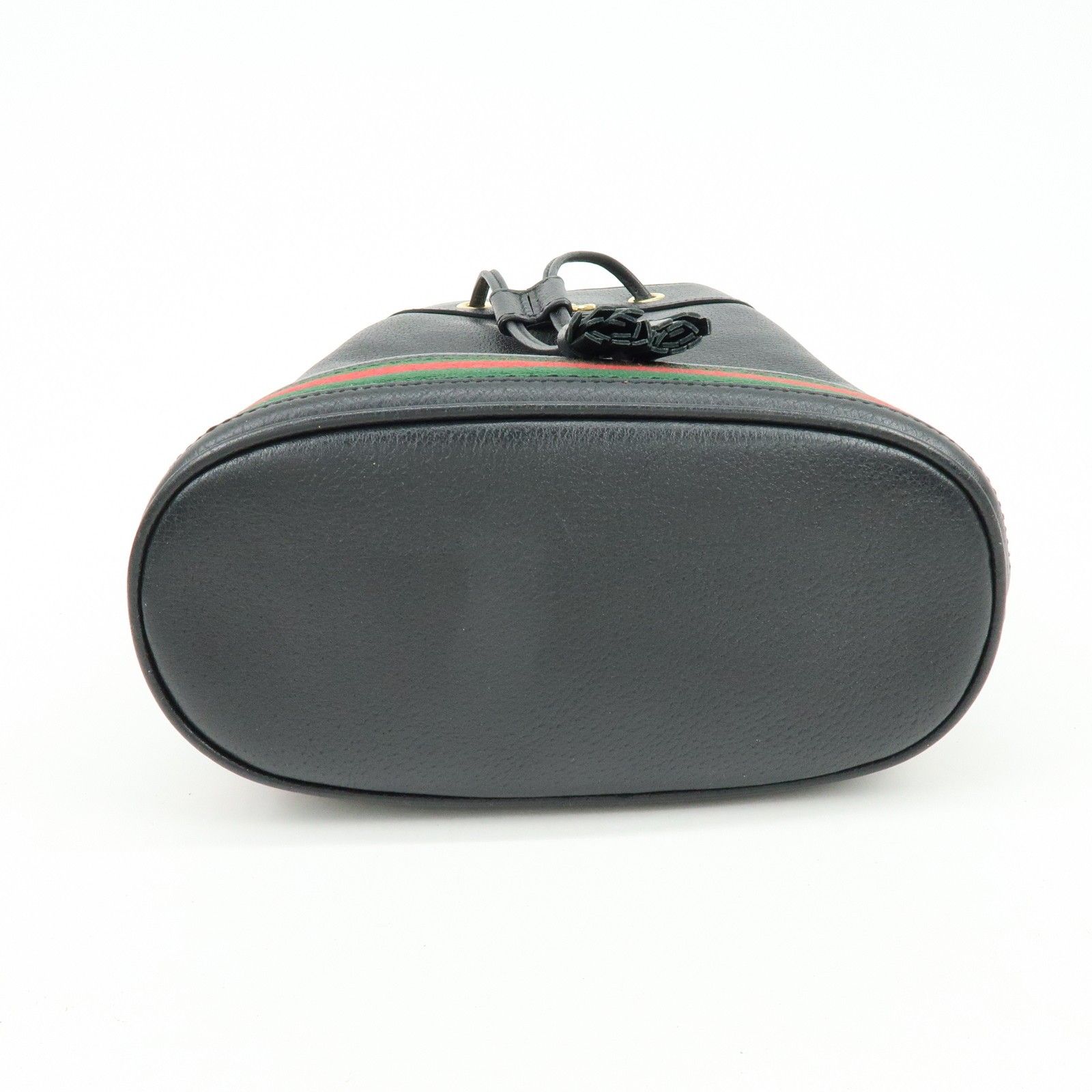 Glazed Textured Calfskin Web Small Ophidia Bucket Bag Black — view 5