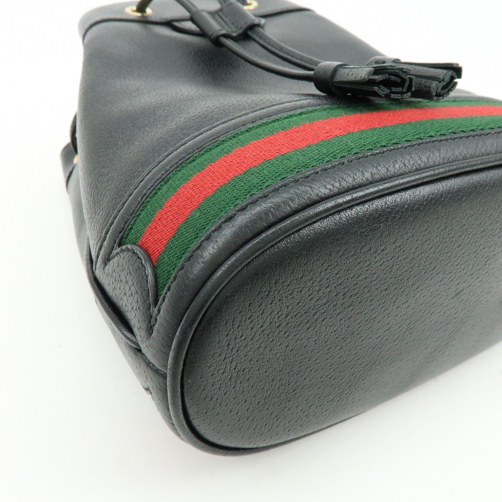 Glazed Textured Calfskin Web Small Ophidia Bucket Bag Black — view 8