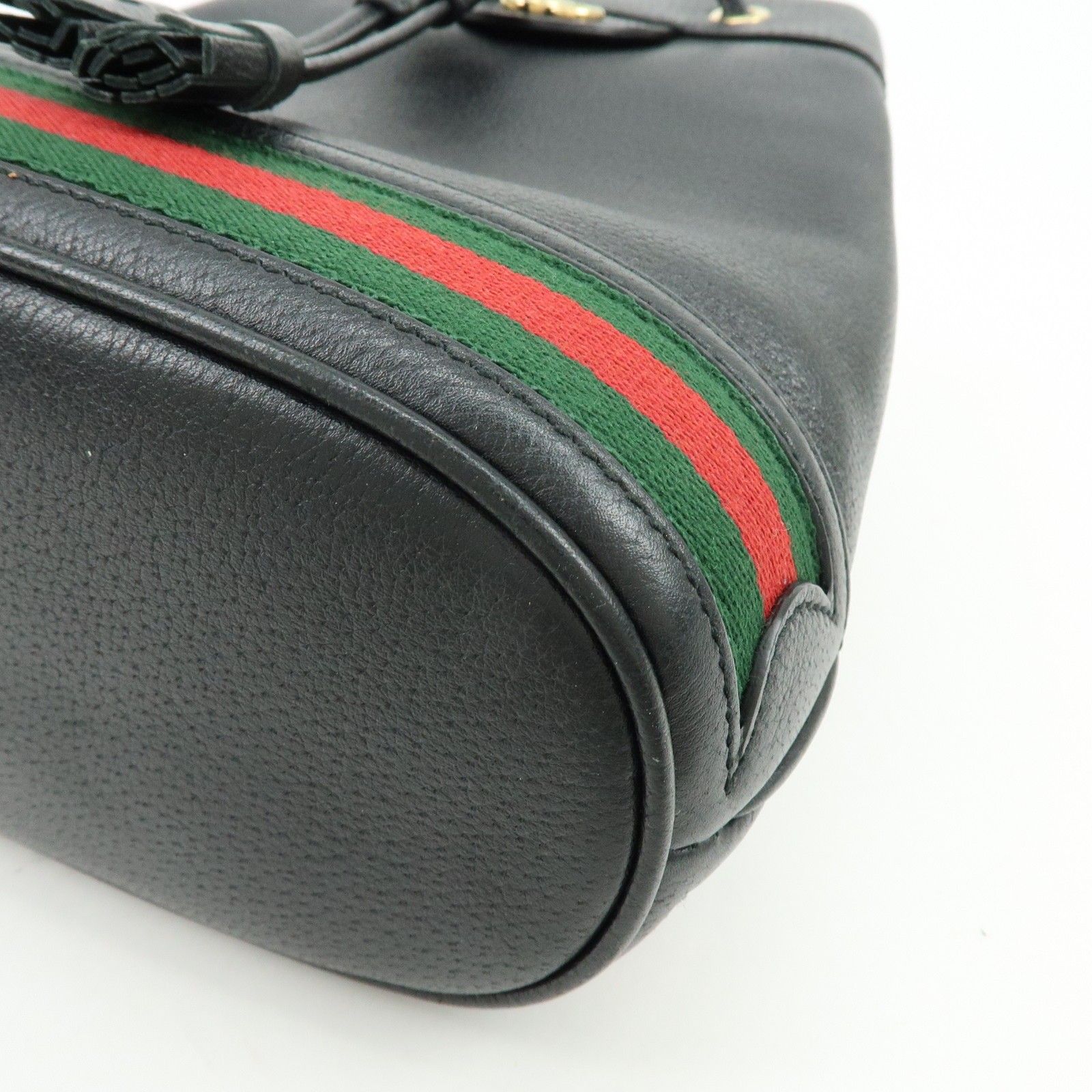 Glazed Textured Calfskin Web Small Ophidia Bucket Bag Black — view 9