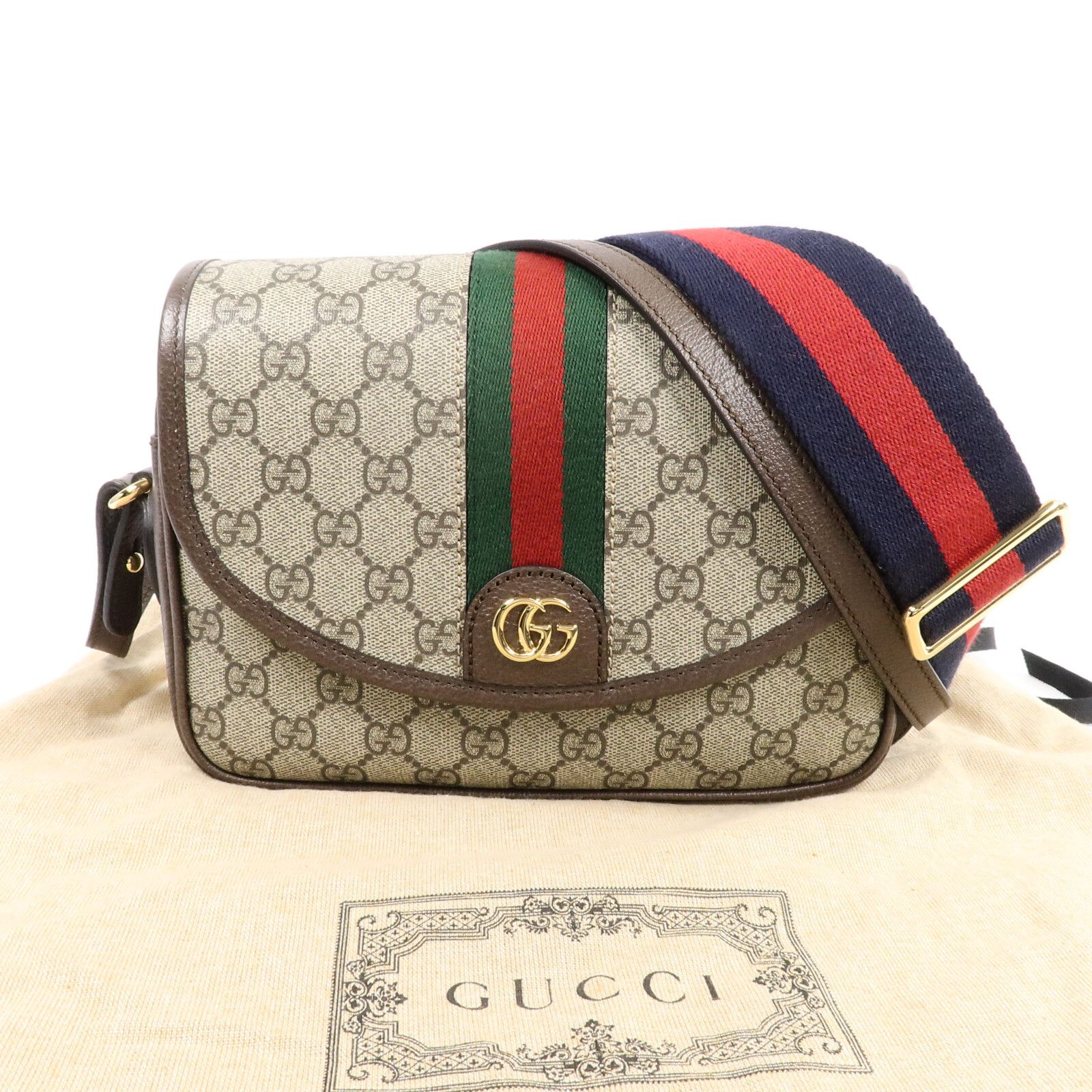 GG Supreme Monogram Textured Dollar Calfskin Web Studded Mini Ophidia Flap Shoulder Bag — view 10