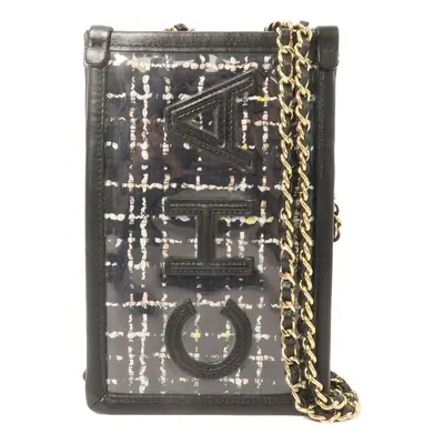 Black Tweed/PVC Logo Phone Pouch w/Chain Strap