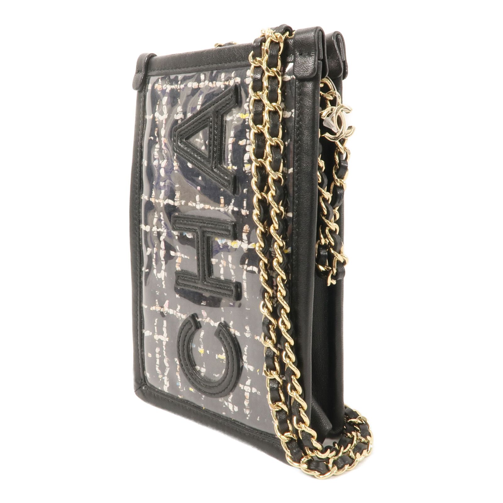 Black Tweed/PVC Logo Phone Pouch w/Chain Strap — view 3