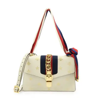 Textured Calfskin Bee Star Print Small Sylvie Shoulder Bag Mystic White