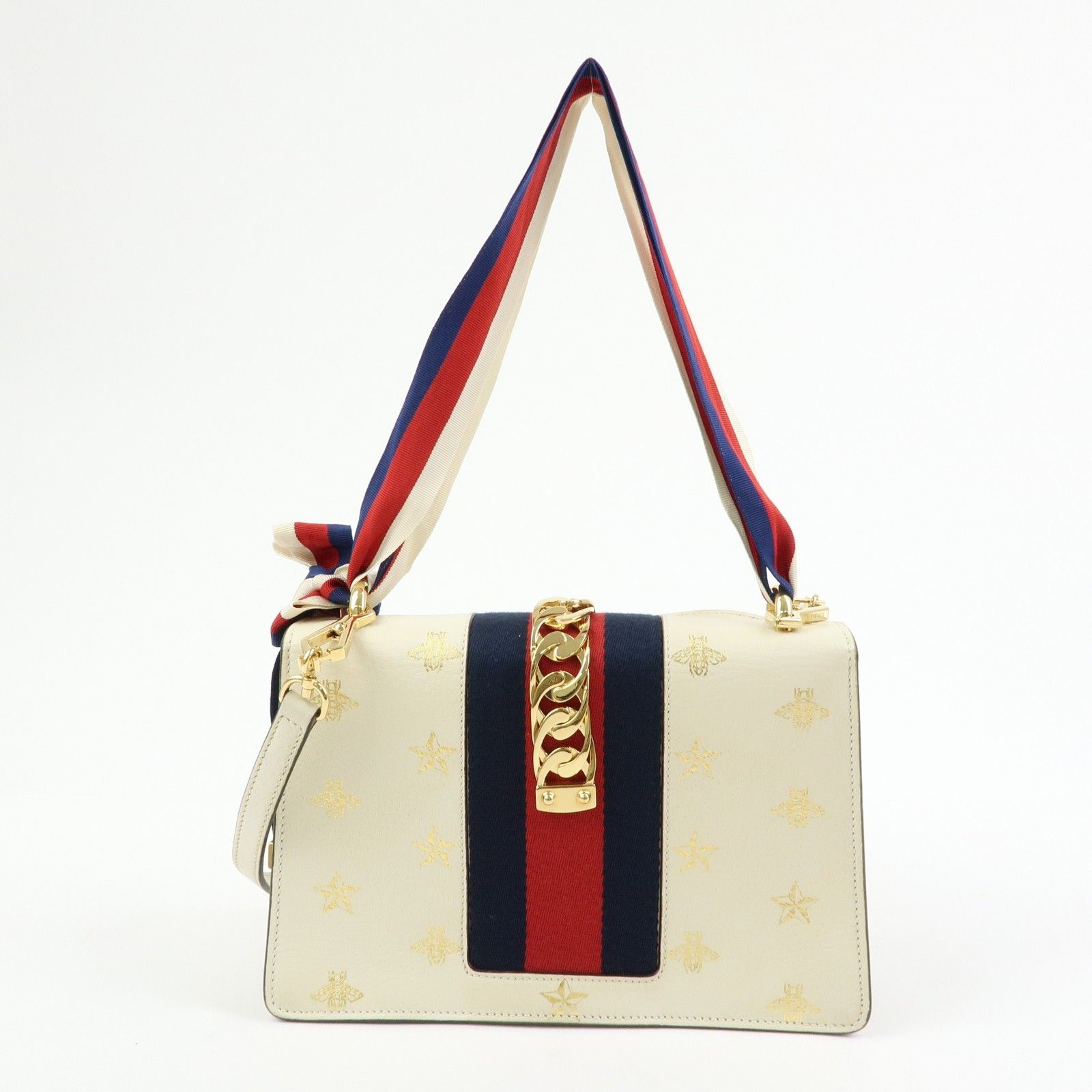 Textured Calfskin Bee Star Print Small Sylvie Shoulder Bag Mystic White — view 2