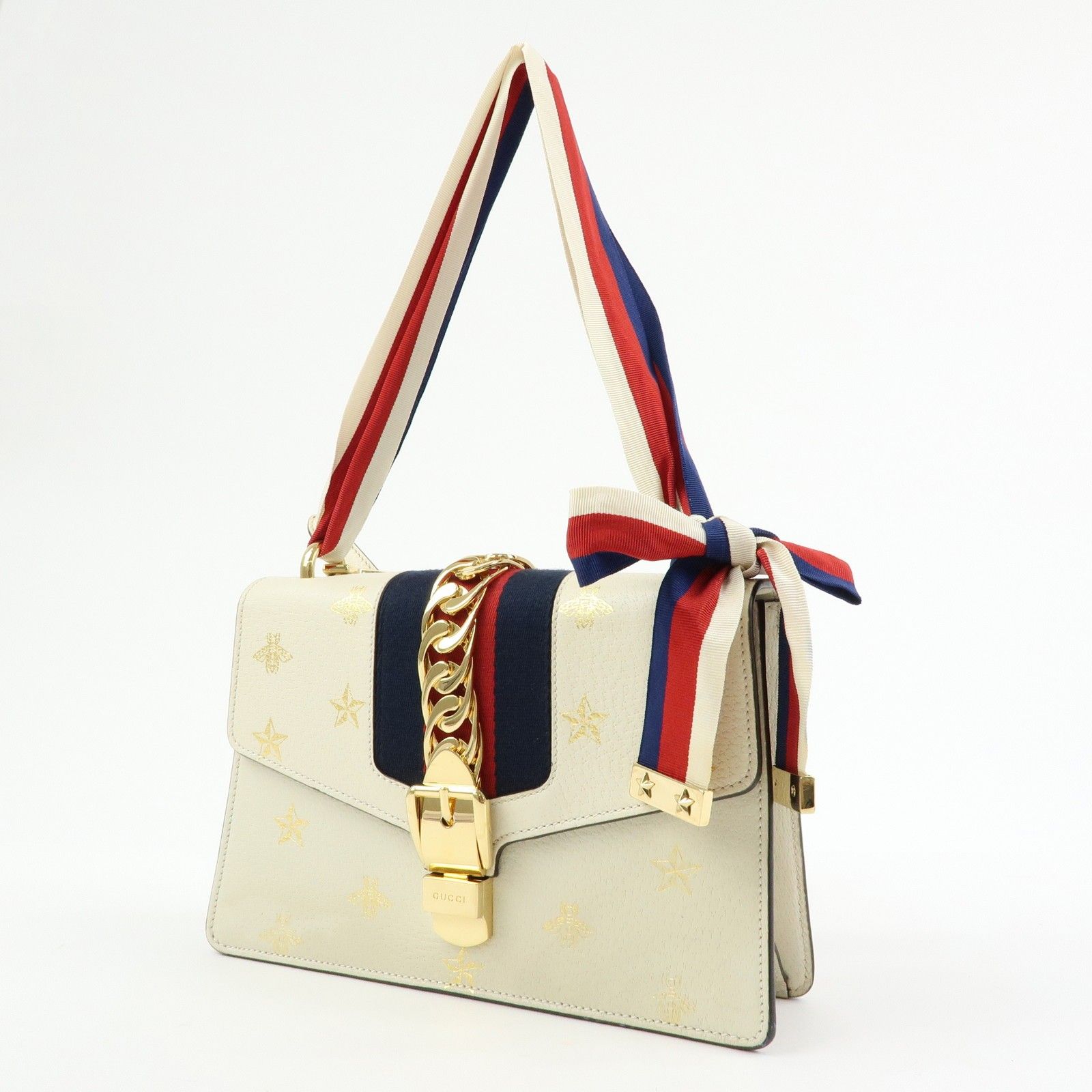 Textured Calfskin Bee Star Print Small Sylvie Shoulder Bag Mystic White — view 3