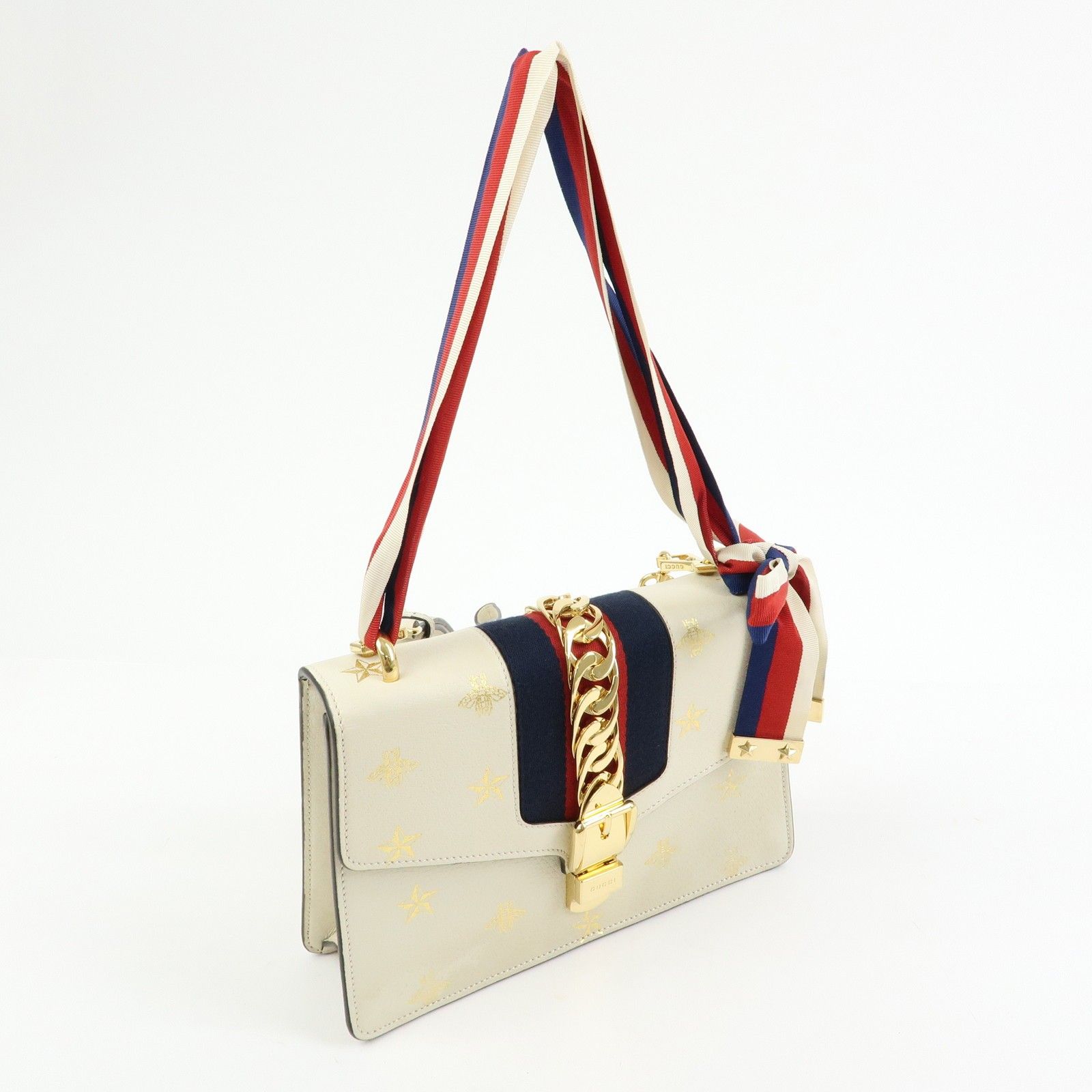Textured Calfskin Bee Star Print Small Sylvie Shoulder Bag Mystic White — view 4