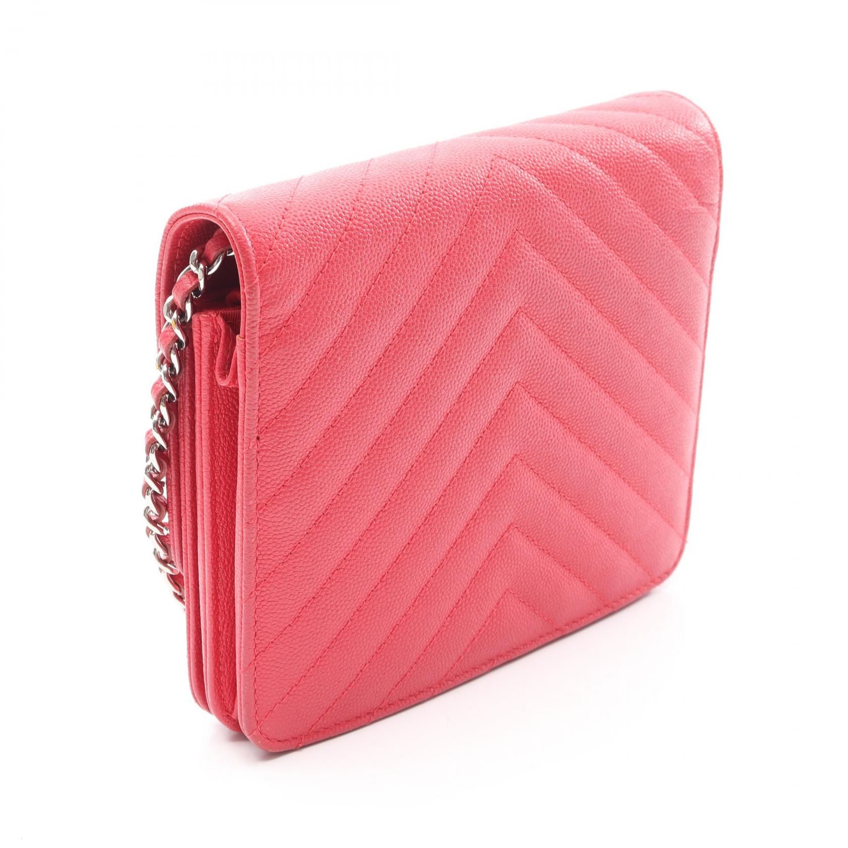 Red Chevron V Stitch Chain Wallet Shoulder Bag Calfskin (cowhide) — view 2