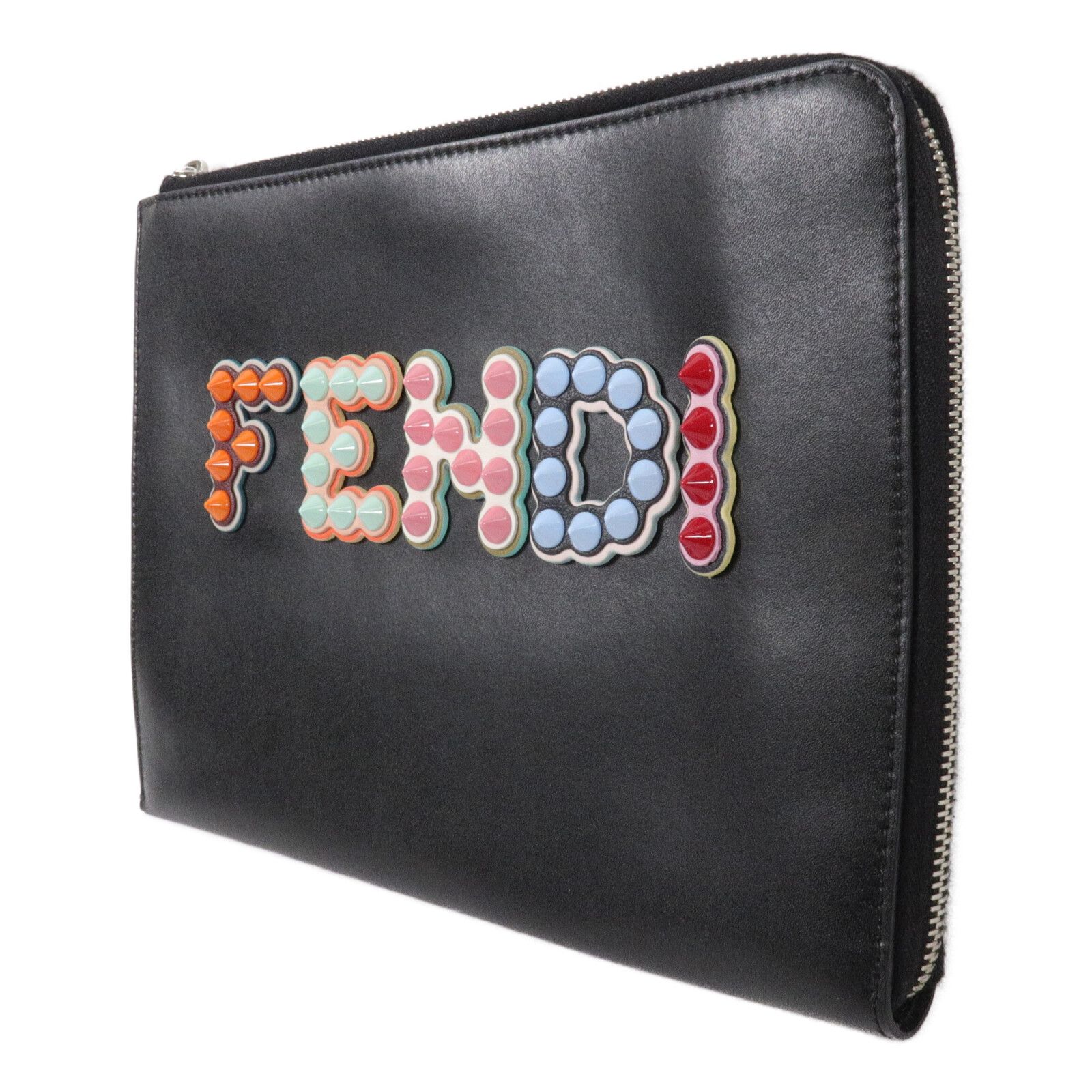 Black Leather Multicolor Studded Zip Clutch Bag — view 3