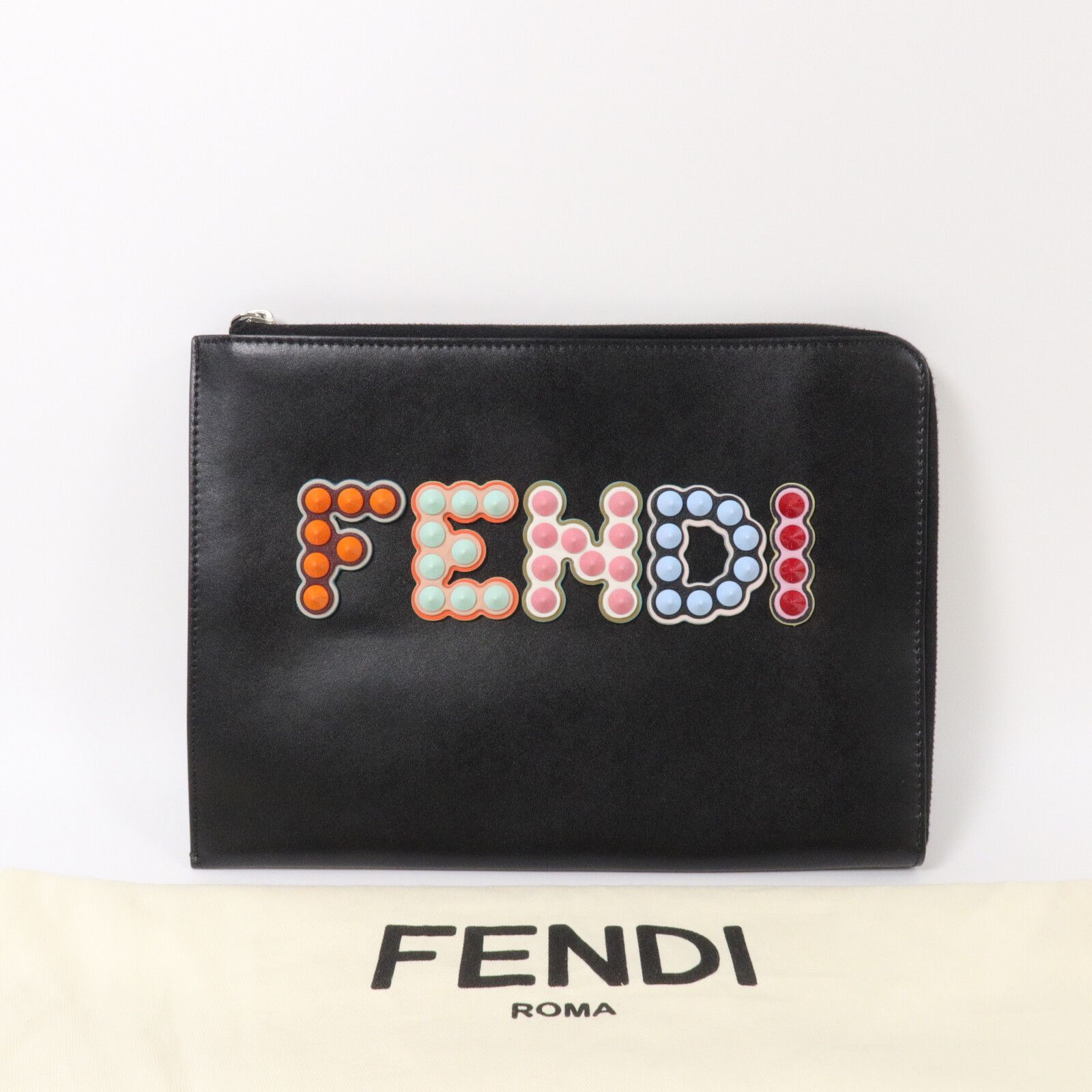 Black Leather Multicolor Studded Zip Clutch Bag — view 9