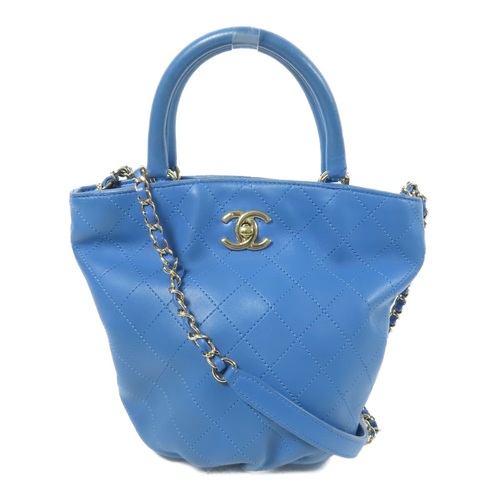 Stitched Bucket Bag w/Top Handle and Chain, Blue