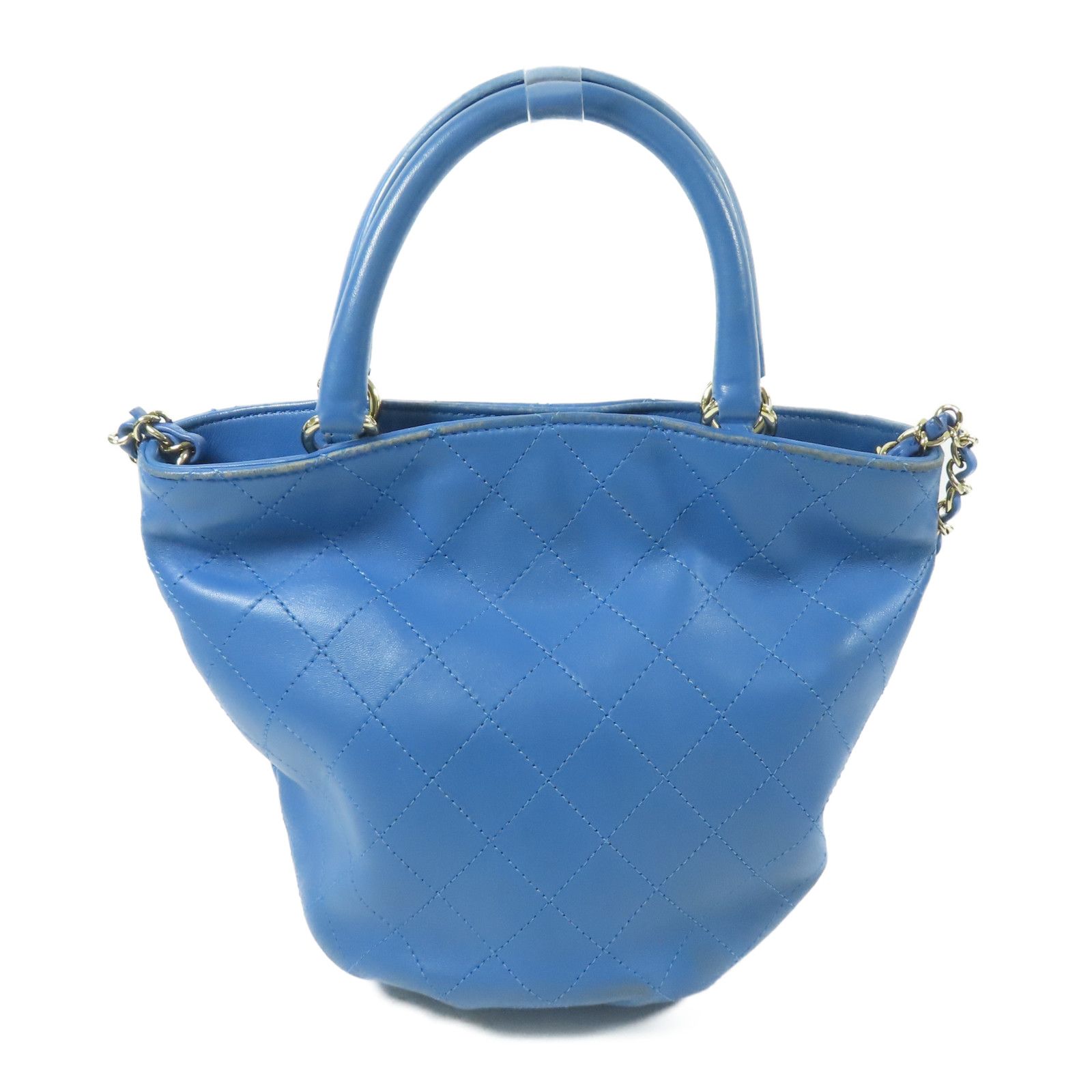 Stitched Bucket Bag w/Top Handle and Chain, Blue — view 2