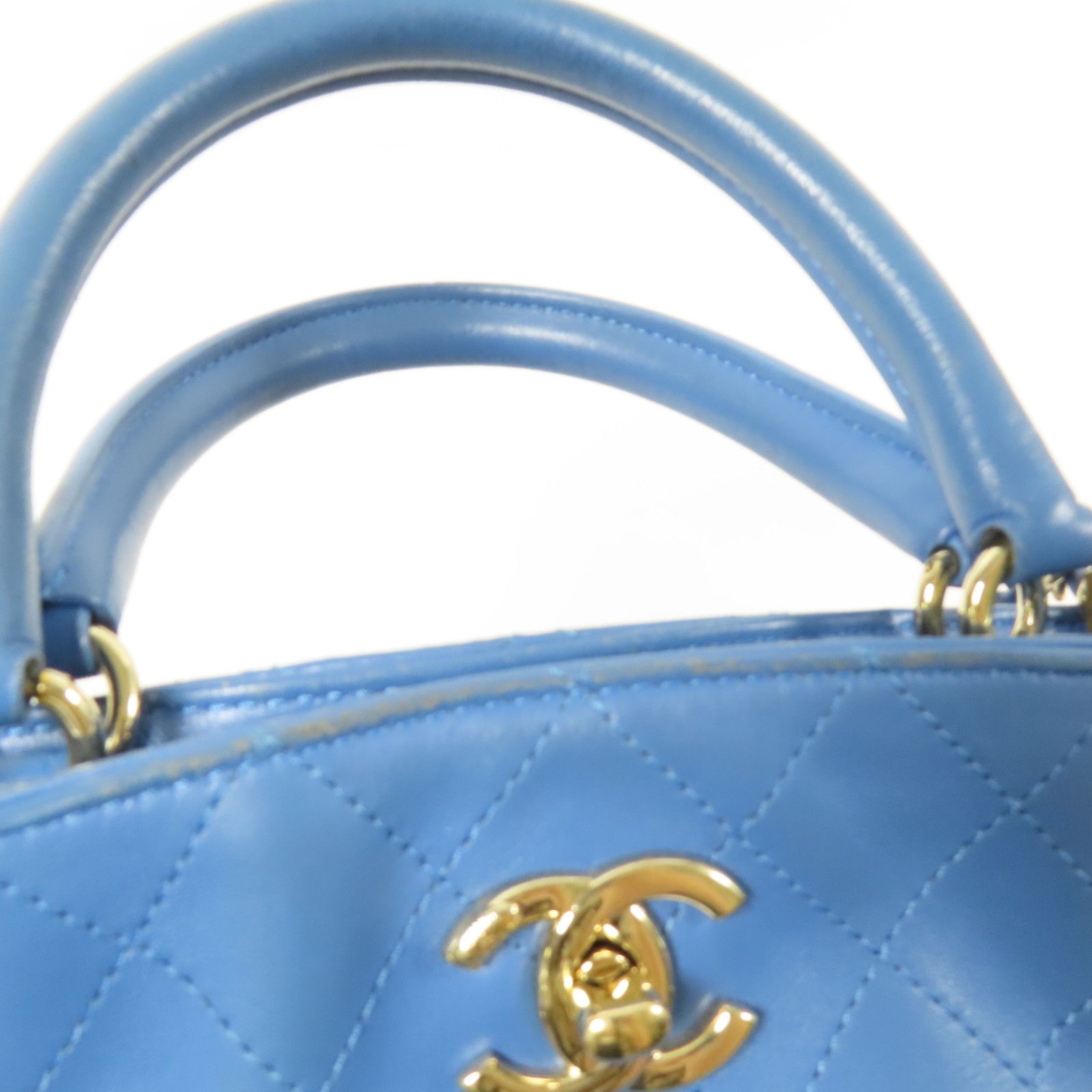 Stitched Bucket Bag w/Top Handle and Chain, Blue — view 14