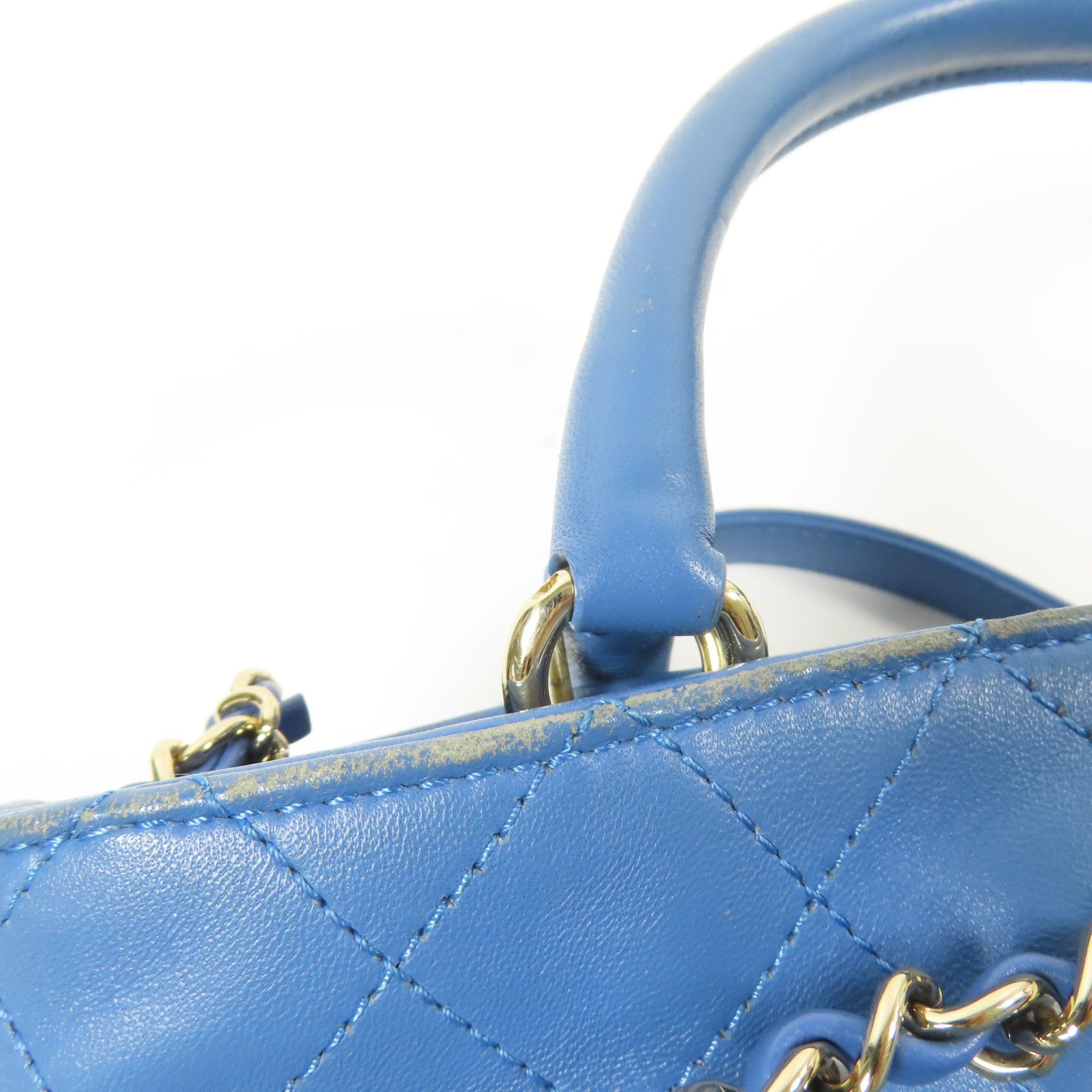 Stitched Bucket Bag w/Top Handle and Chain, Blue — view 15