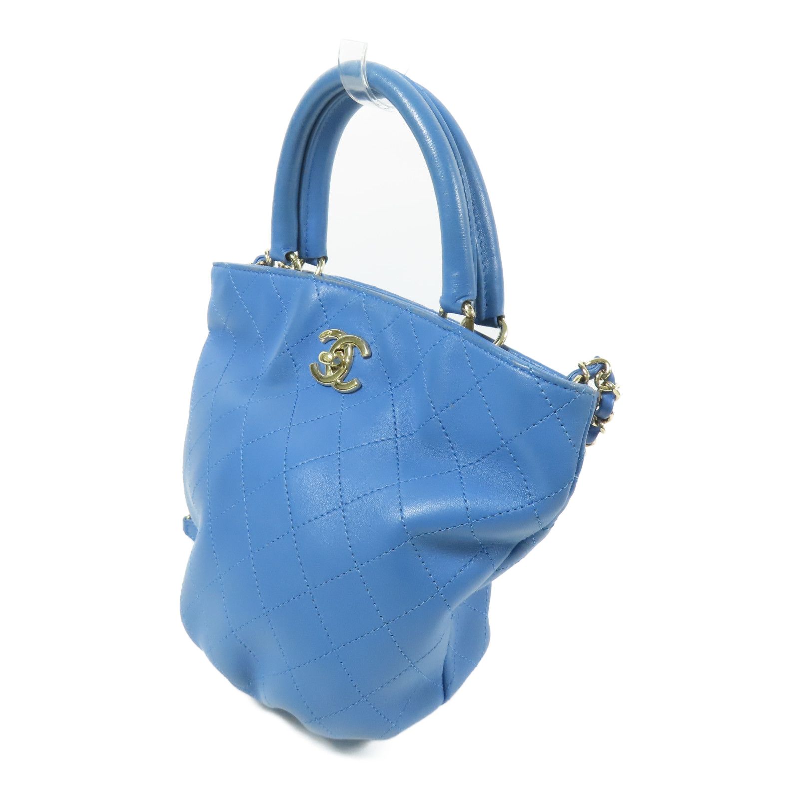 Stitched Bucket Bag w/Top Handle and Chain, Blue — view 3
