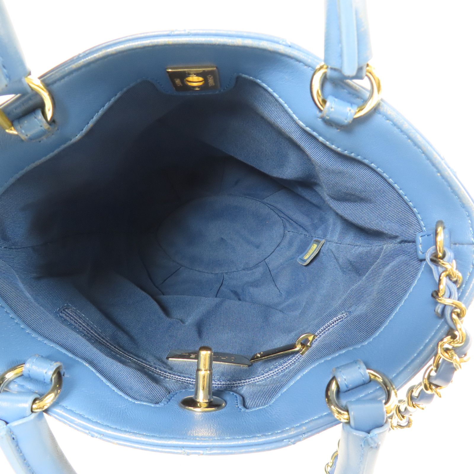 Stitched Bucket Bag w/Top Handle and Chain, Blue — view 5