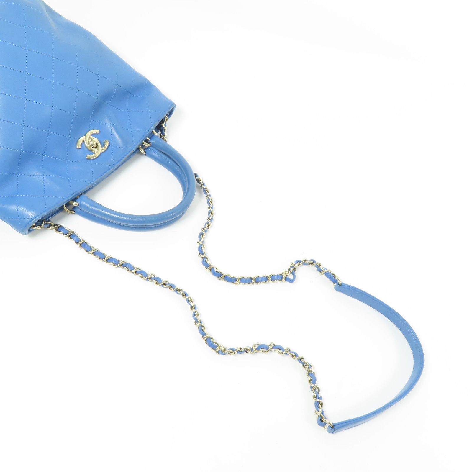 Stitched Bucket Bag w/Top Handle and Chain, Blue — view 6