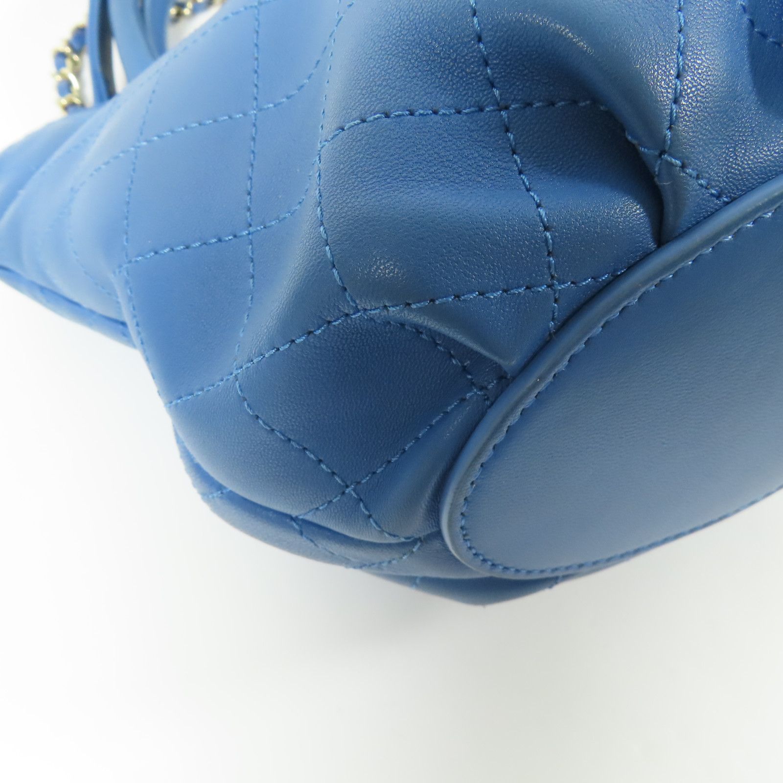 Stitched Bucket Bag w/Top Handle and Chain, Blue — view 7